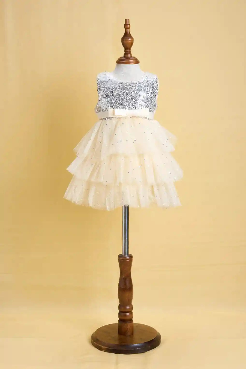Premsons® Ivory Sequin Tulle Gown – 3D Flower Waist & Bow Back