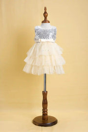 Premsons® Ivory Sequin Tulle Gown – 3D Flower Waist & Bow Back