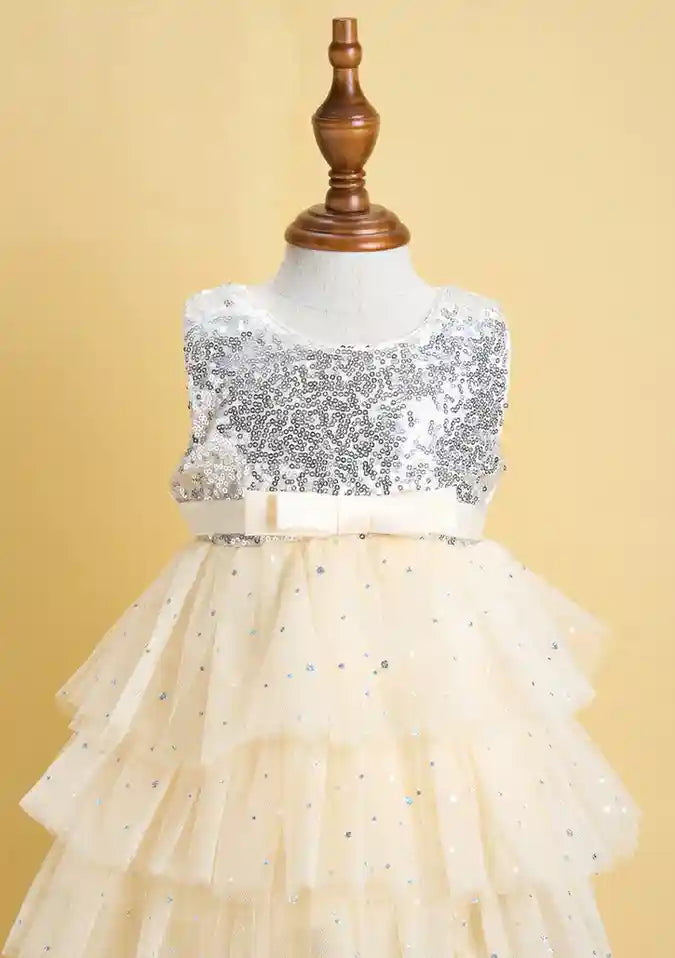 Premsons® Ivory Sequin Tulle Gown – 3D Flower Waist & Bow Back