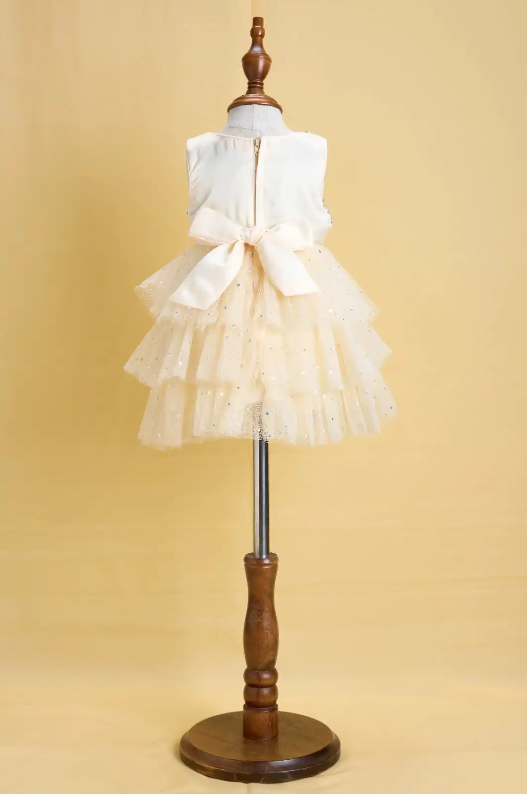 Premsons® Ivory Sequin Tulle Gown – 3D Flower Waist & Bow Back