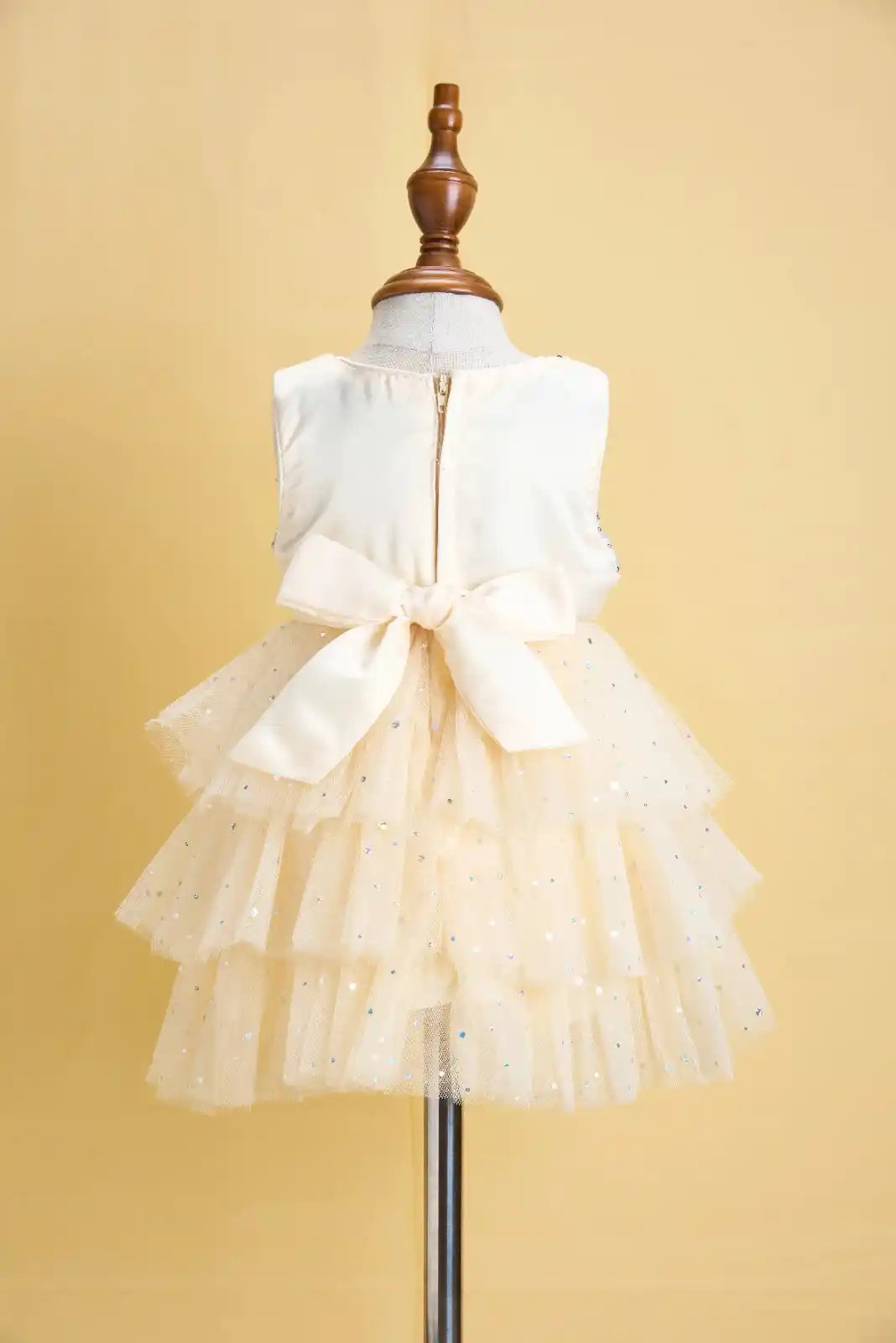 Premsons® Ivory Sequin Tulle Gown – 3D Flower Waist & Bow Back