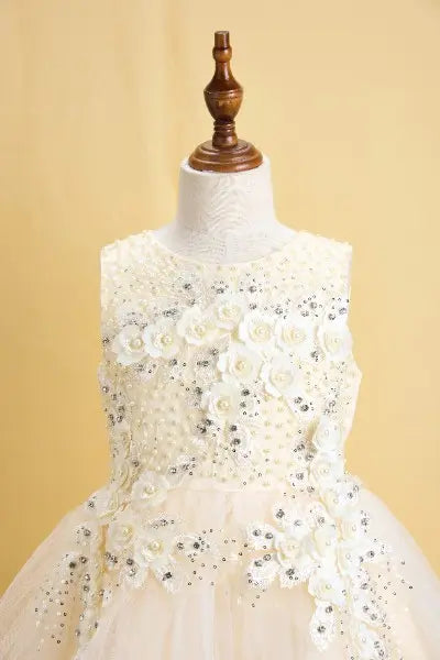 Premsons® White Pearl & Rose Gown – Full-Length, Sleeveless, Beaded