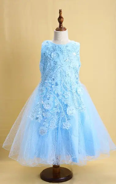 Premsons® Blue Floral Pearl Gown – Full-Length, Beaded Sleeveless Dress