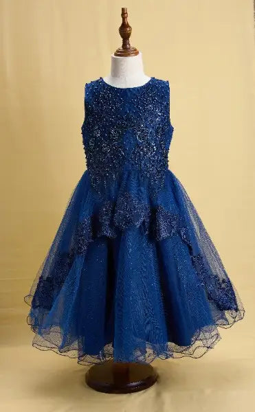 Premsons® Midnight Blue Tulle Gown – Full-Length, Beaded & Bow Back