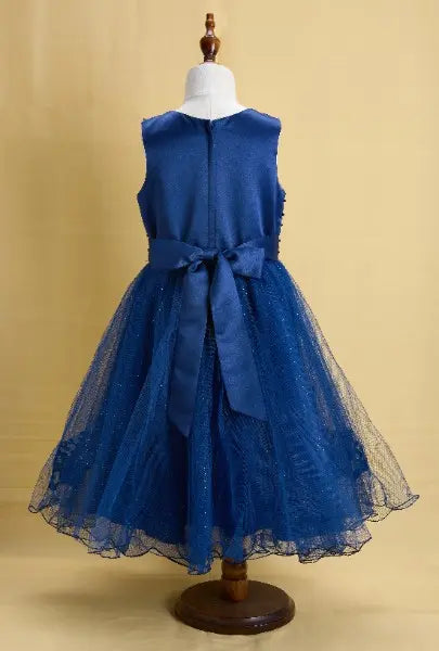 Premsons® Midnight Blue Tulle Gown – Full-Length, Beaded & Bow Back
