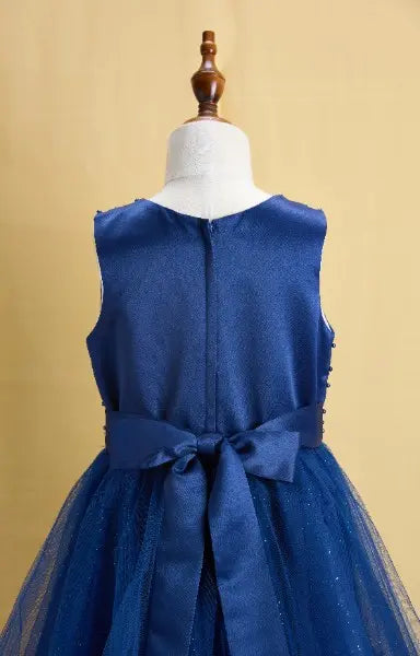 Premsons® Midnight Blue Tulle Gown – Full-Length, Beaded & Bow Back