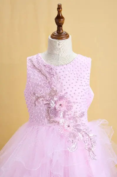 Premsons® Pink Floral Tulle Gown – Beaded, Multi-Layered, Baby Girl Dress