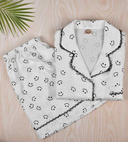 Premsons® Satin-Smooth Silk Nightwear Set - Relaxed Fit Shorts with Button Shirt - Smile Print