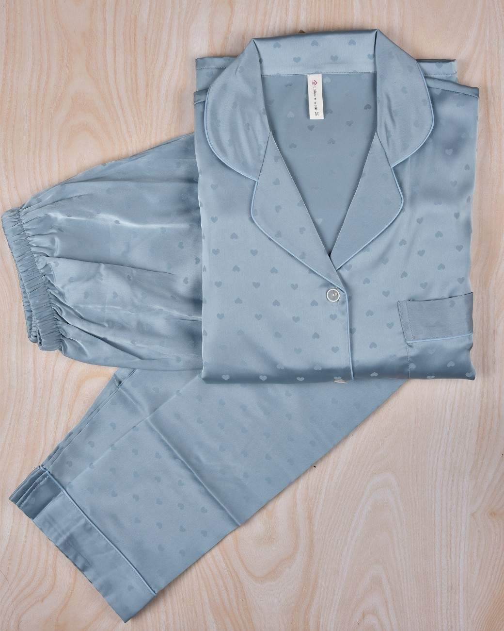 Premsons® Satin-Smooth Silk Nightwear Set - Relaxed Fit Pajamas with Button Shirt - Blue Hearts Print