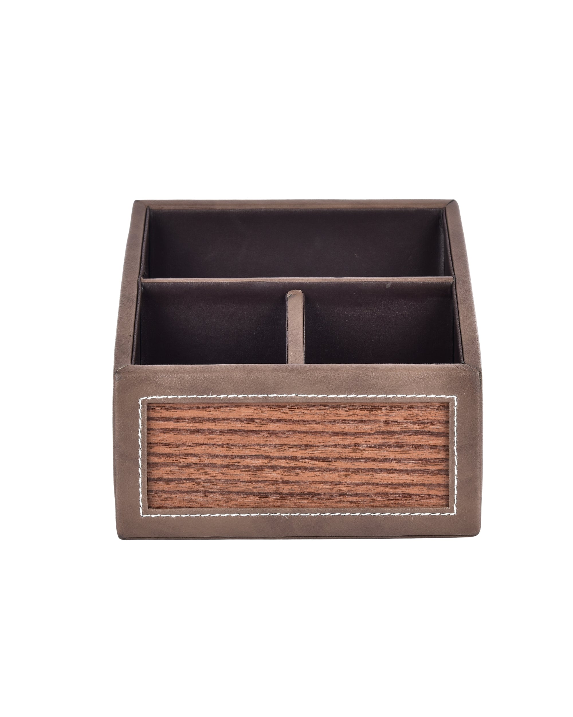 Premsons® Remote Holder Artificial Leather with Wooden Finish – 3 Section Tabletop Organizer for TV, AC & Office Desk Accessories – Compact & Stylish Storage Solution for Home & Office