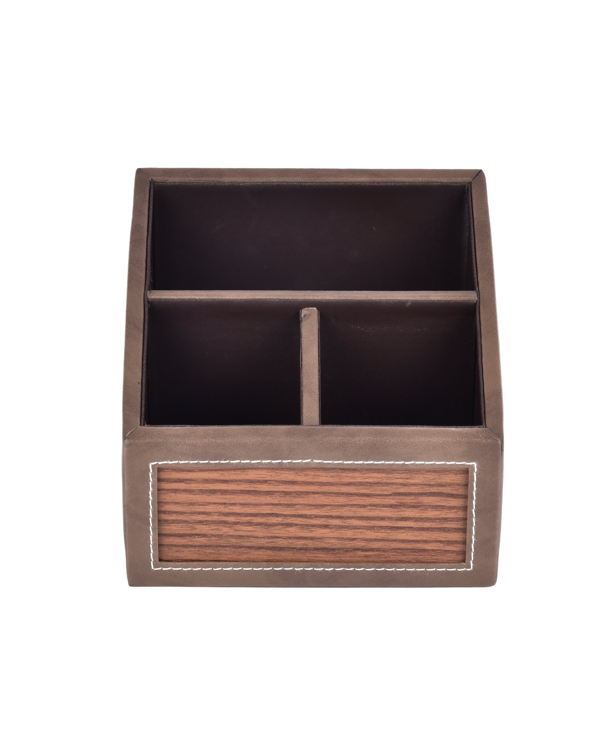 Premsons® Remote Holder Artificial Leather with Wooden Finish – 3 Section Tabletop Organizer for TV, AC & Office Desk Accessories – Compact & Stylish Storage Solution for Home & Office