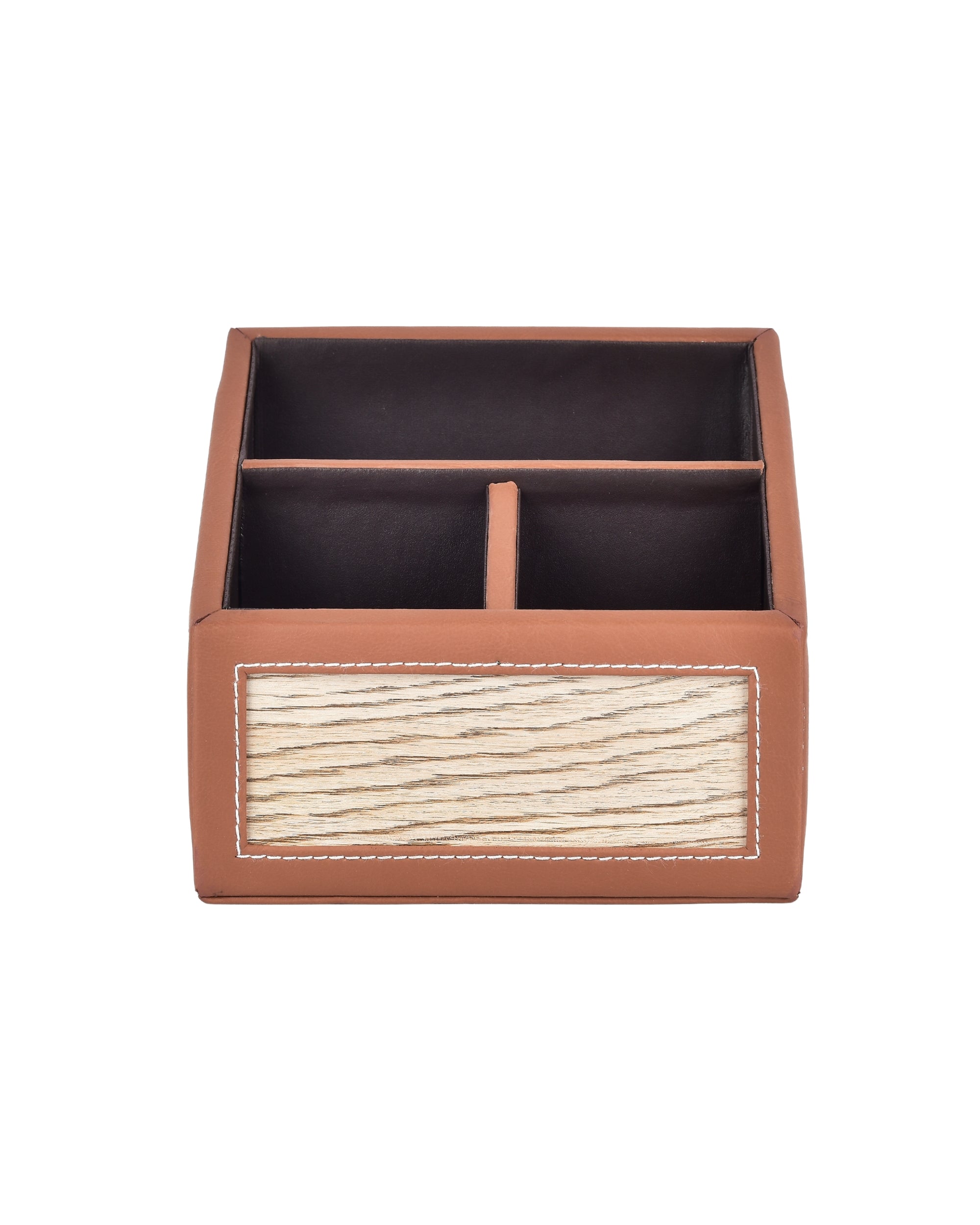 Premsons® Remote Holder – 3 Section Tabletop Organizer in Light Brown | Faux Leather with Refined Wooden Finish | Decorative & Practical Organizer