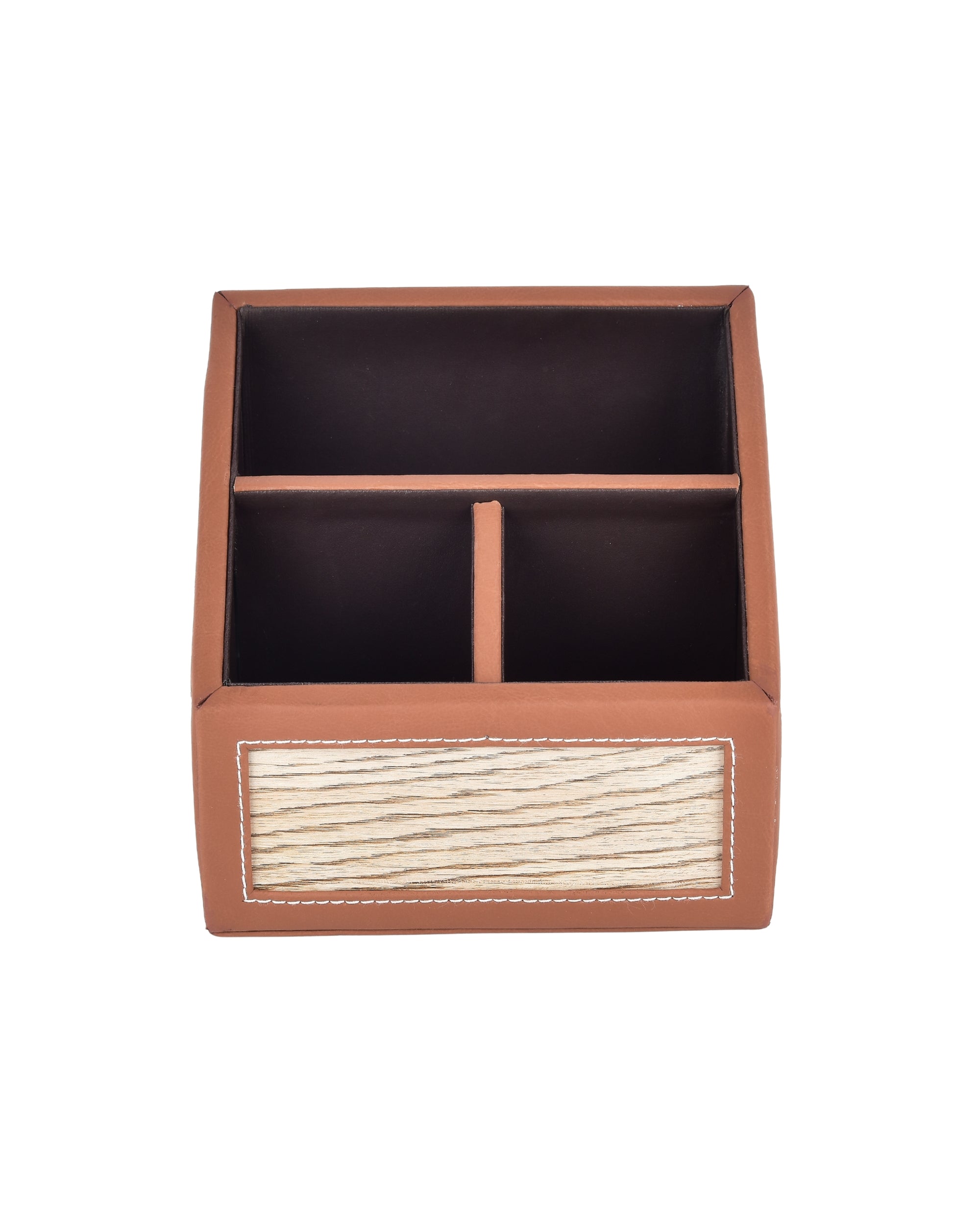 Premsons® Remote Holder – 3 Section Tabletop Organizer in Light Brown | Faux Leather with Refined Wooden Finish | Decorative & Practical Organizer