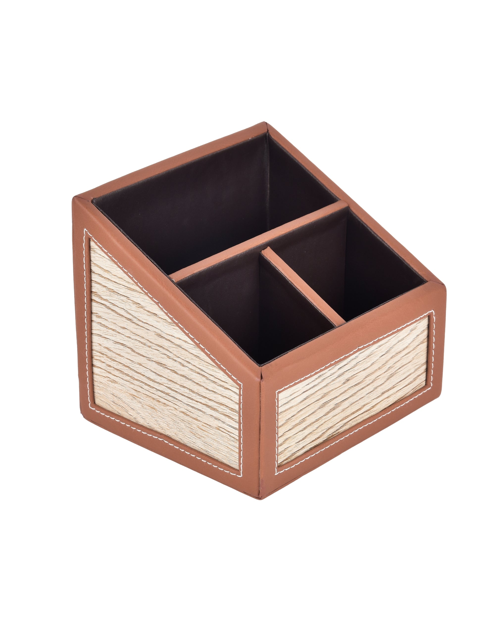 Premsons® Remote Holder – 3 Section Tabletop Organizer in Light Brown | Faux Leather with Refined Wooden Finish | Decorative & Practical Organizer