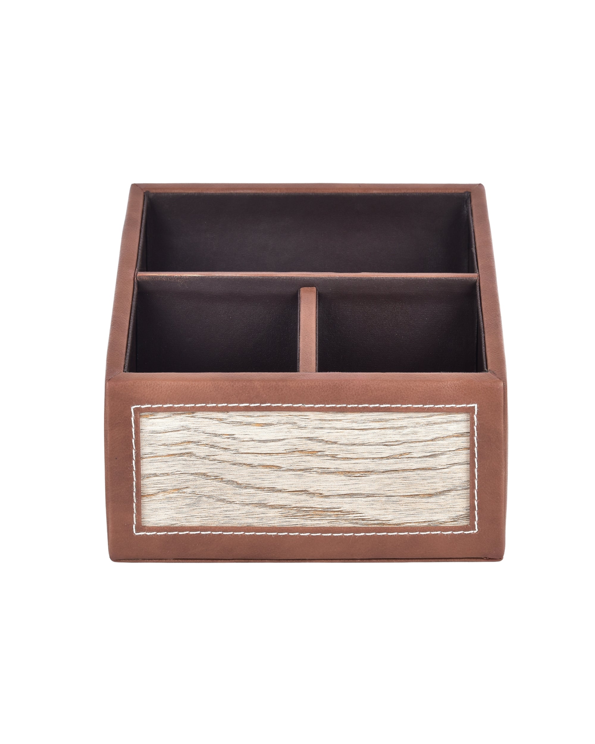 Premsons® Remote Holder – 3 Section Tabletop Organizer in Light Brown | Faux Leather with Refined Wooden Finish | Decorative & Practical Organizer