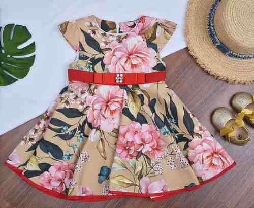 Premsons® Beige Garden Bloom Cotton Frock – Red Belt & Bow Detail