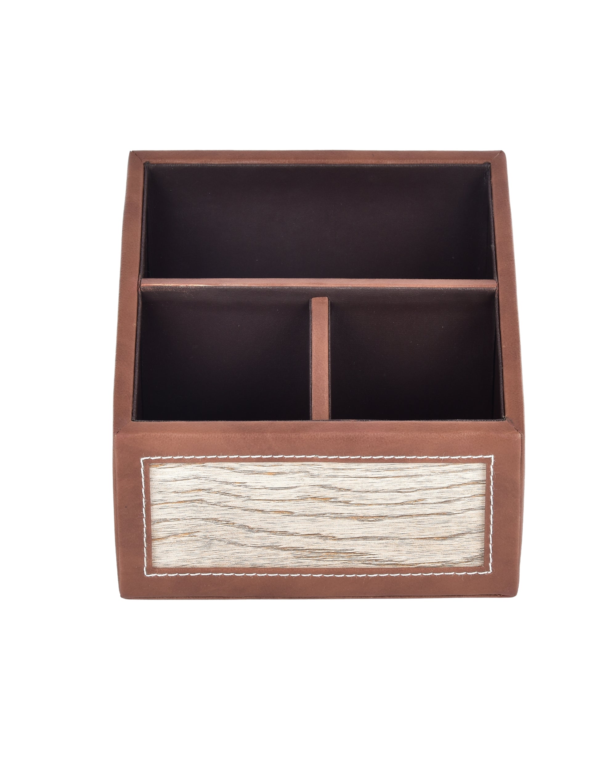 Premsons® Remote Holder – 3 Section Tabletop Organizer in Light Brown | Faux Leather with Refined Wooden Finish | Decorative & Practical Organizer