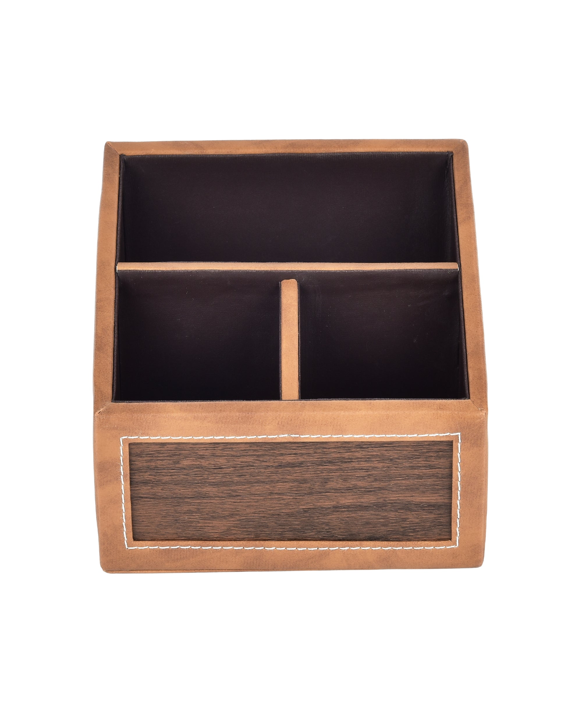 Premsons® Remote Holder – 3 Section Tabletop Organizer in Light Brown | Faux Leather with Refined Wooden Finish | Decorative & Practical Organizer