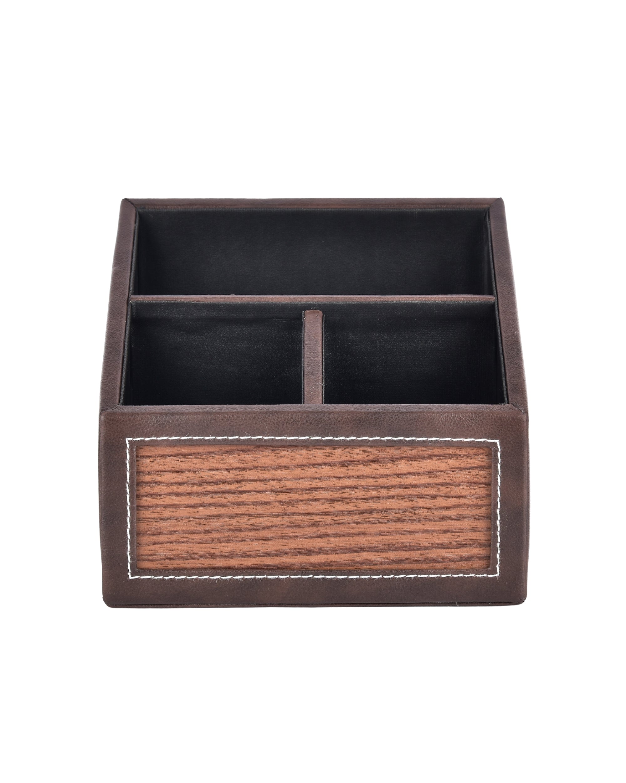 Premsons® Remote Holder Artificial Leather with Wooden Finish – 3 Section Tabletop Organizer for TV, AC & Office Desk Accessories – Compact & Stylish Storage Solution for Home & Office
