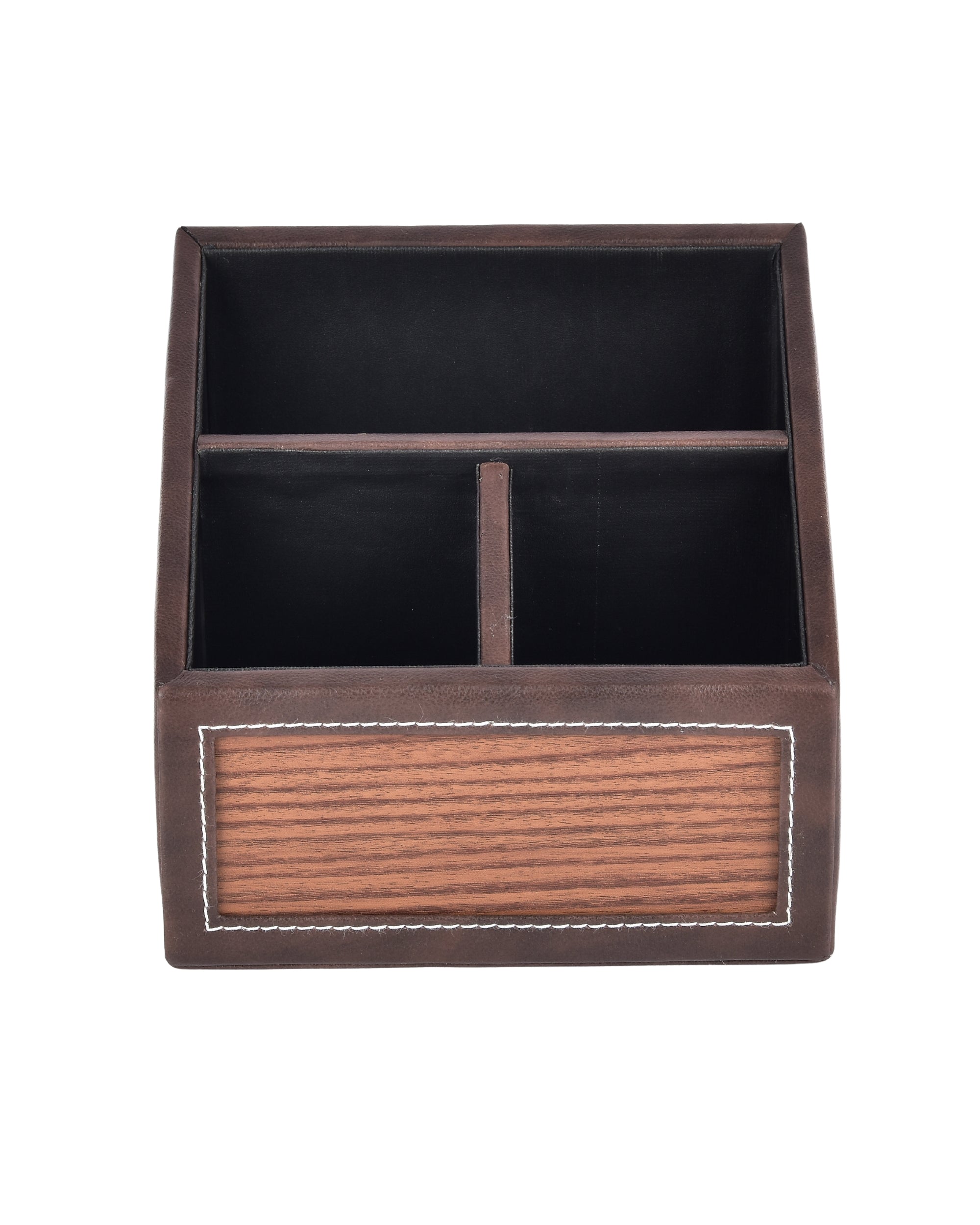 Premsons® Remote Holder Artificial Leather with Wooden Finish – 3 Section Tabletop Organizer for TV, AC & Office Desk Accessories – Compact & Stylish Storage Solution for Home & Office