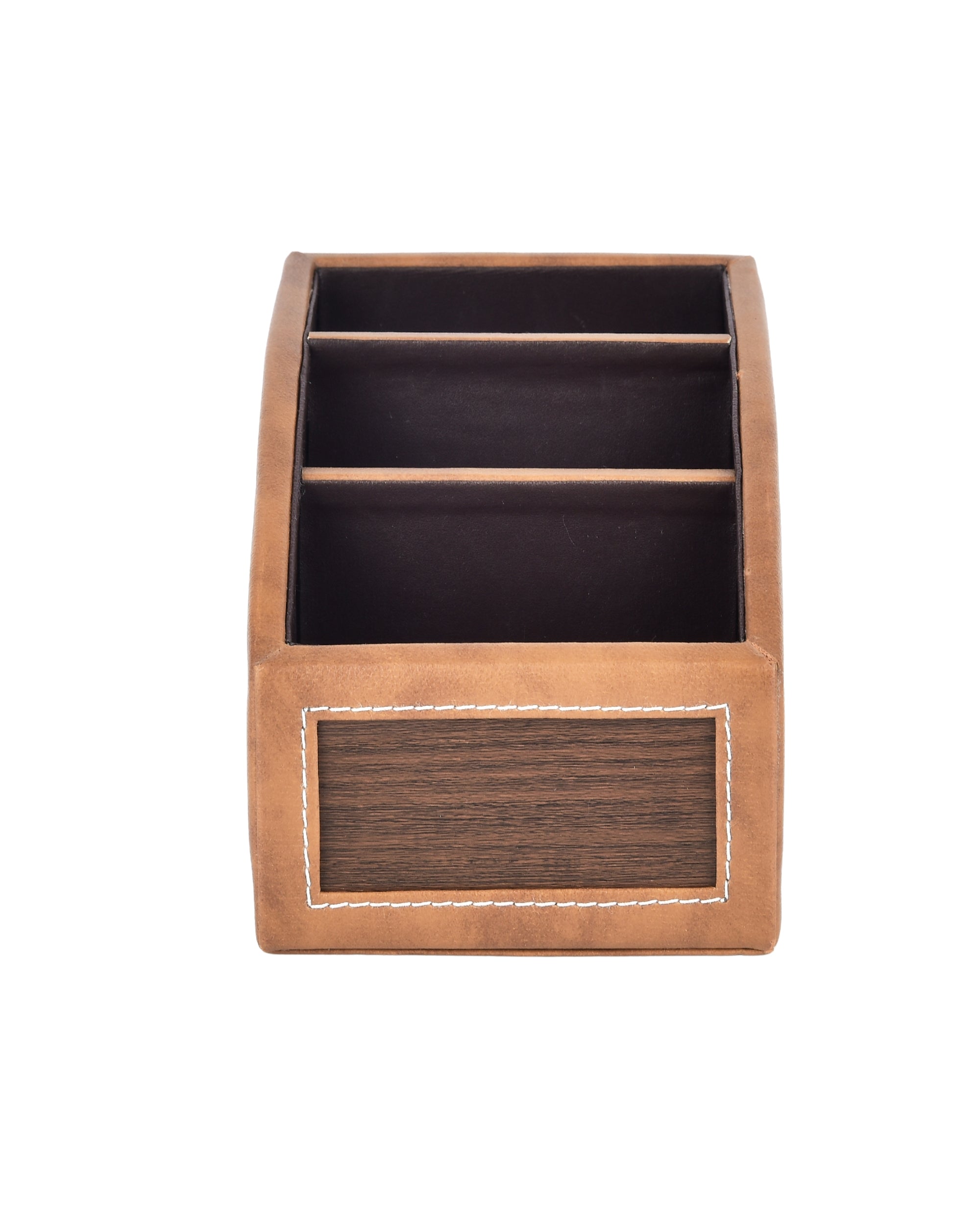 Premsons® Classic Remote Holder – 3 Section Tabletop Organizer in Light Brown | Faux Leather with Refined Wooden Finish | Decorative & Practical Organizer