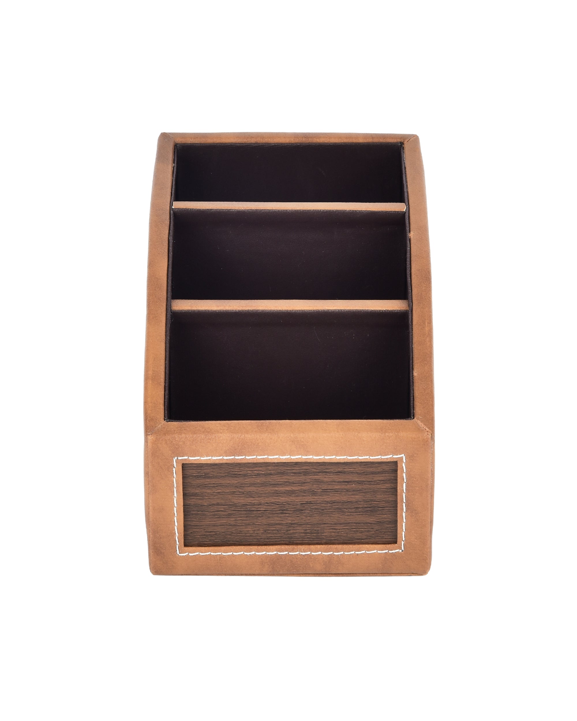 Premsons® Classic Remote Holder – 3 Section Tabletop Organizer in Light Brown | Faux Leather with Refined Wooden Finish | Decorative & Practical Organizer