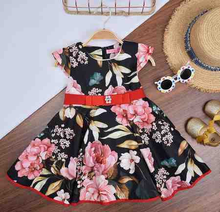 Premsons® Midnight Garden Cotton Dress – Pink Florals & Red Bow Waist
