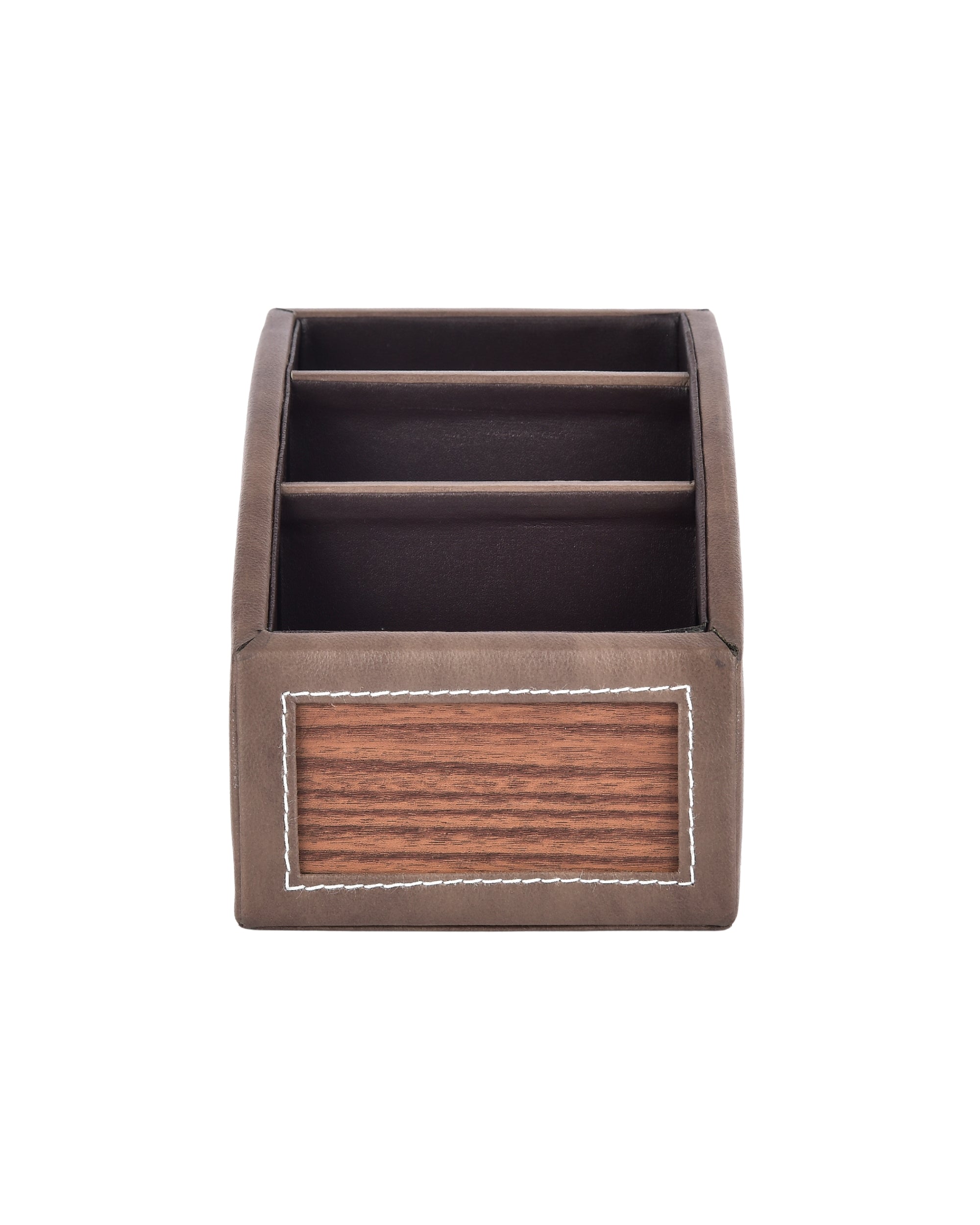 Premsons® Classic Remote Holder – 3 Section Tabletop Organizer in Light Brown | Faux Leather with Refined Wooden Finish | Decorative & Practical Organizer