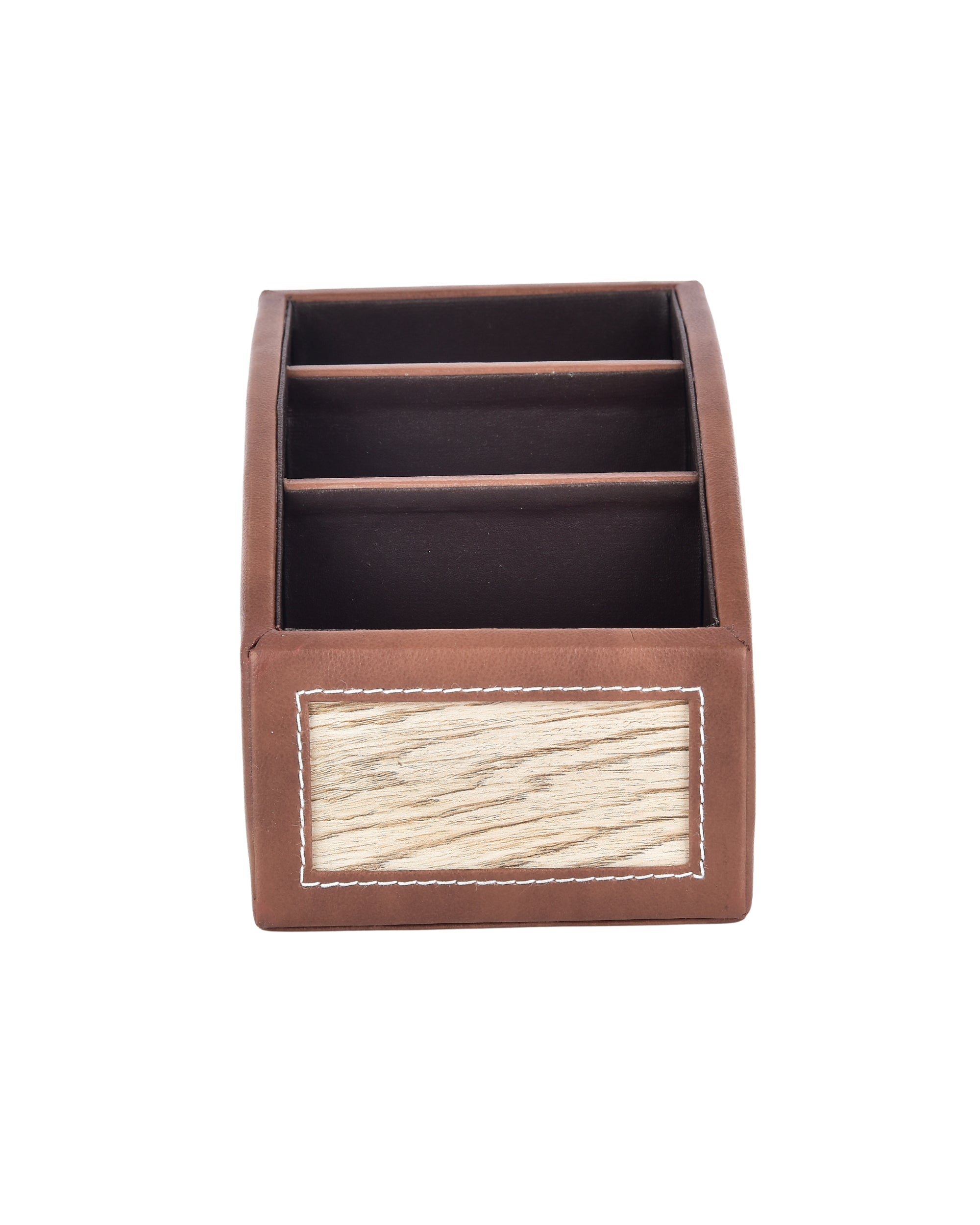 Premsons® Classic Remote Holder – 3 Section Tabletop Organizer in Light Brown | Faux Leather with Refined Wooden Finish | Decorative & Practical Organizer