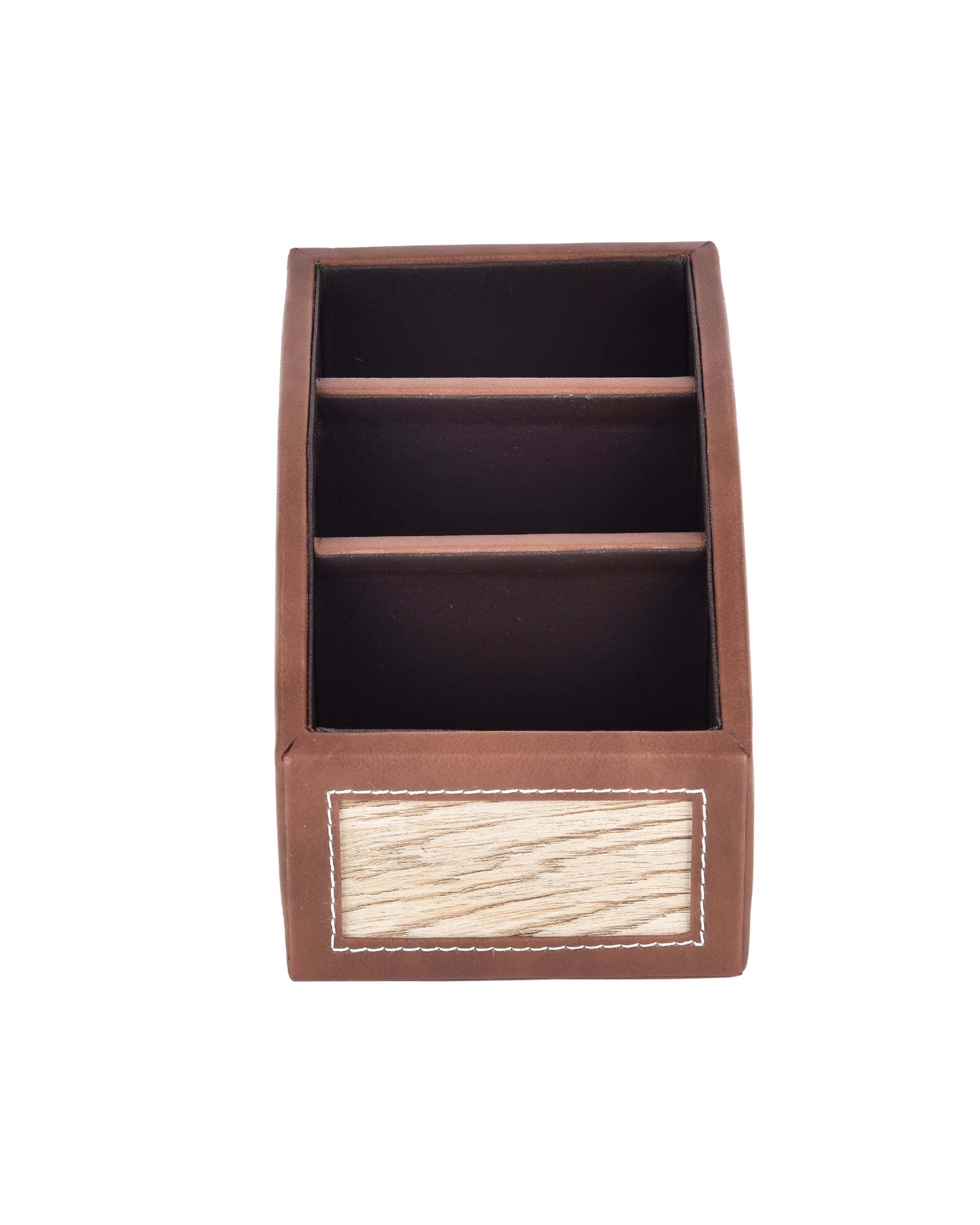 Premsons® Classic Remote Holder – 3 Section Tabletop Organizer in Light Brown | Faux Leather with Refined Wooden Finish | Decorative & Practical Organizer