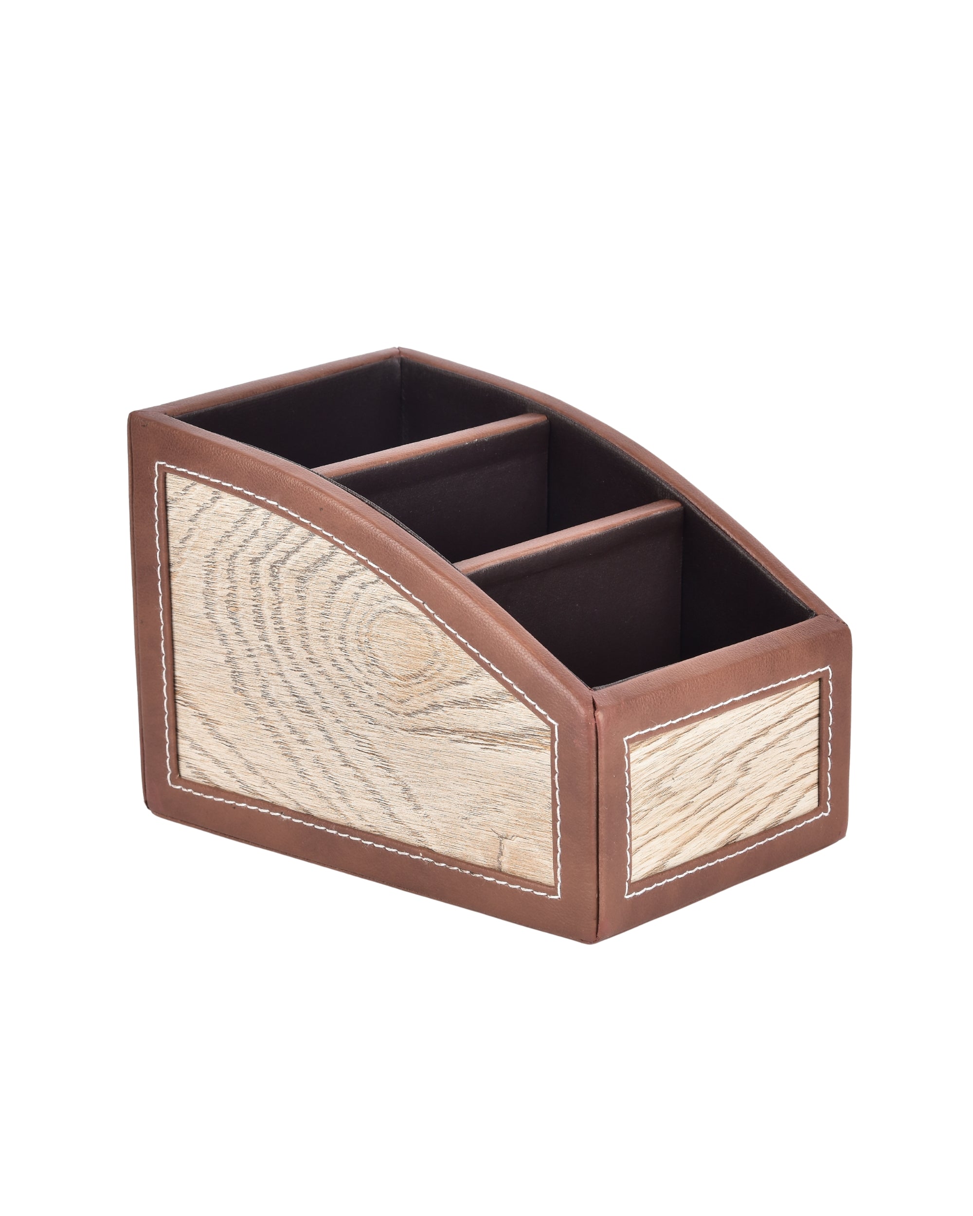 Premsons® Classic Remote Holder – 3 Section Tabletop Organizer in Light Brown | Faux Leather with Refined Wooden Finish | Decorative & Practical Organizer