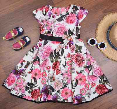Premsons® Pink Garden Party Dress – Cotton Floral Frock with Bow Waist