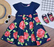 Premsons® Navy Rose Frock – Bold Floral Cotton Dress with Waist Bow