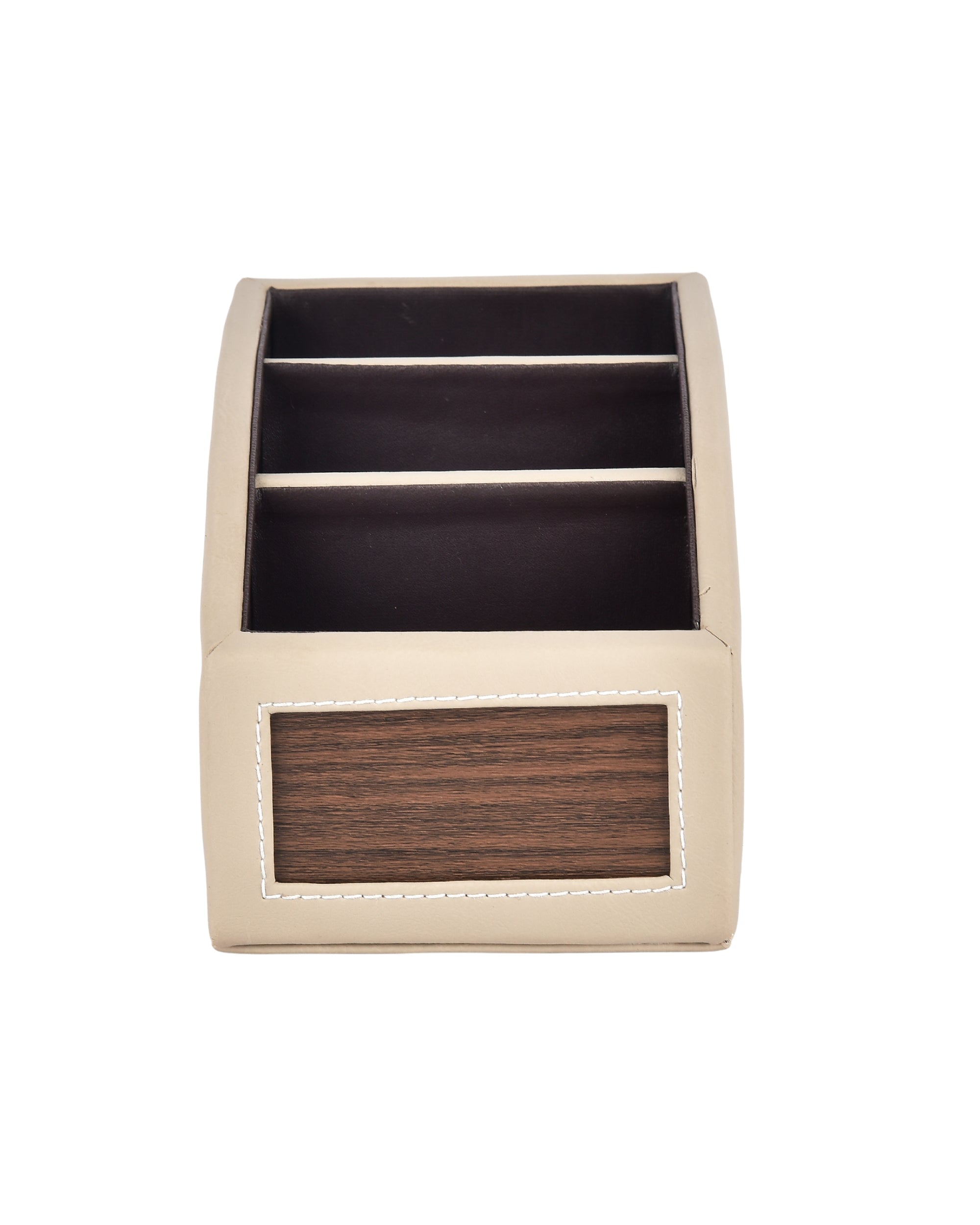 Premsons® Classic Remote Holder – 3 Section Tabletop Organizer in Light Brown | Faux Leather with Refined Wooden Finish | Decorative & Practical Organizer