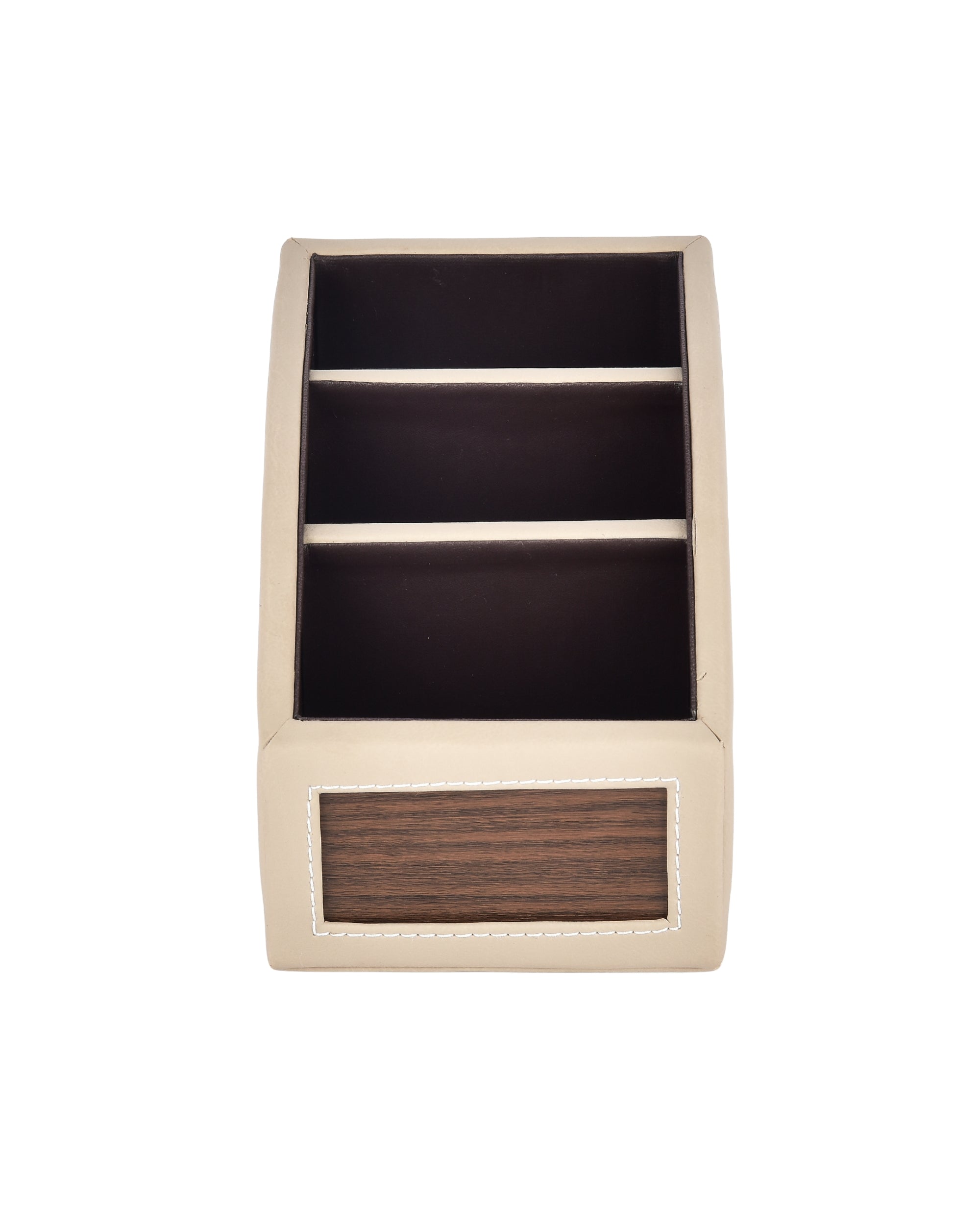 Premsons® Classic Remote Holder – 3 Section Tabletop Organizer in Light Brown | Faux Leather with Refined Wooden Finish | Decorative & Practical Organizer