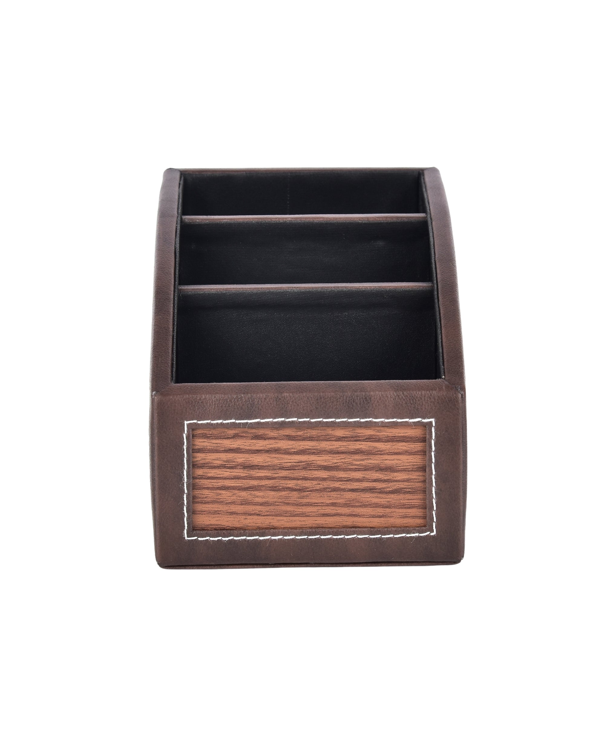 Premsons® Classic Remote Holder – 3 Section Tabletop Organizer in Light Brown | Faux Leather with Refined Wooden Finish | Decorative & Practical Organizer