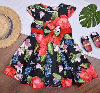 Premsons® Red Bloom Festive Dress – Black Cotton Floral Frock with Bow