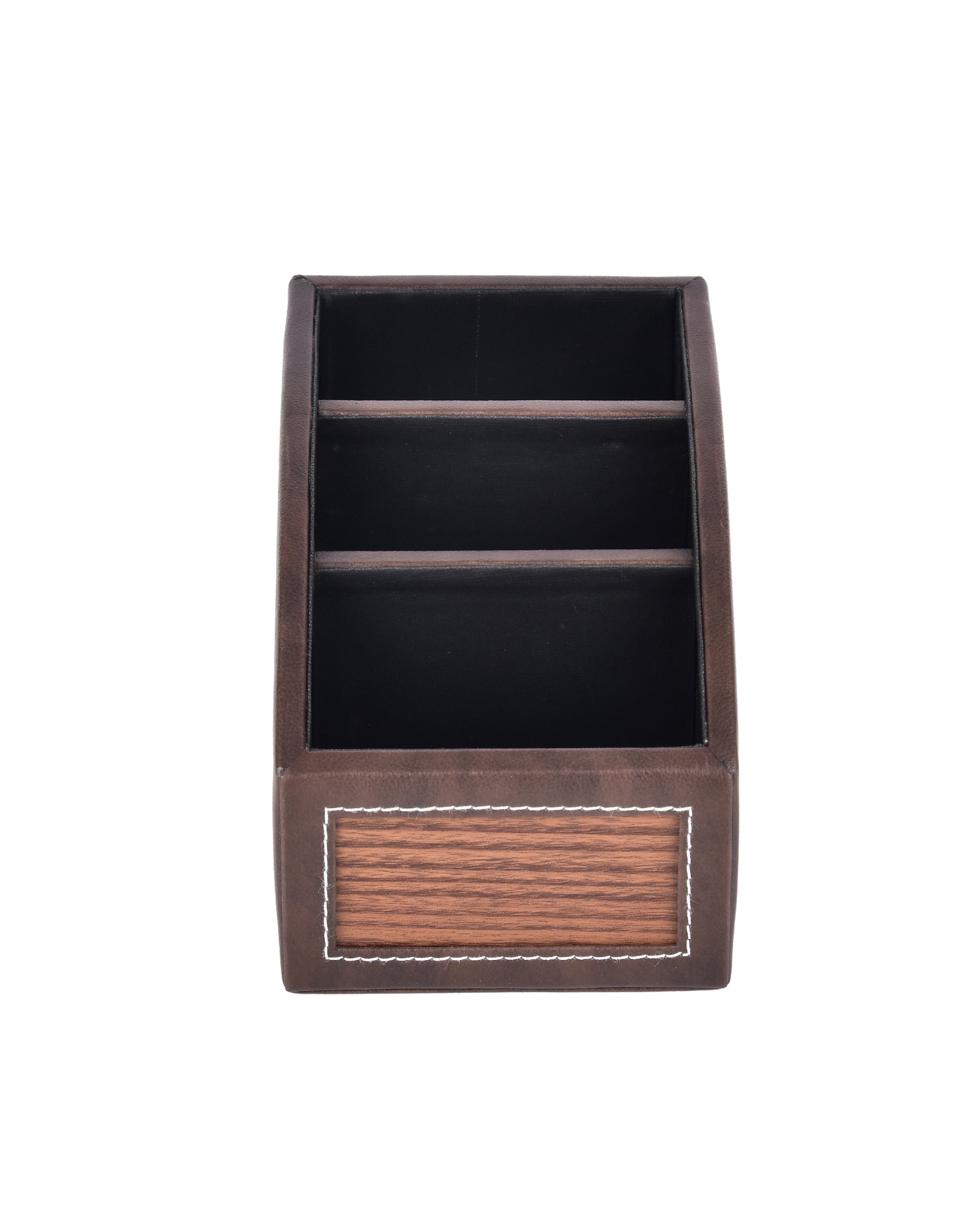 Premsons® Classic Remote Holder – 3 Section Tabletop Organizer in Light Brown | Faux Leather with Refined Wooden Finish | Decorative & Practical Organizer