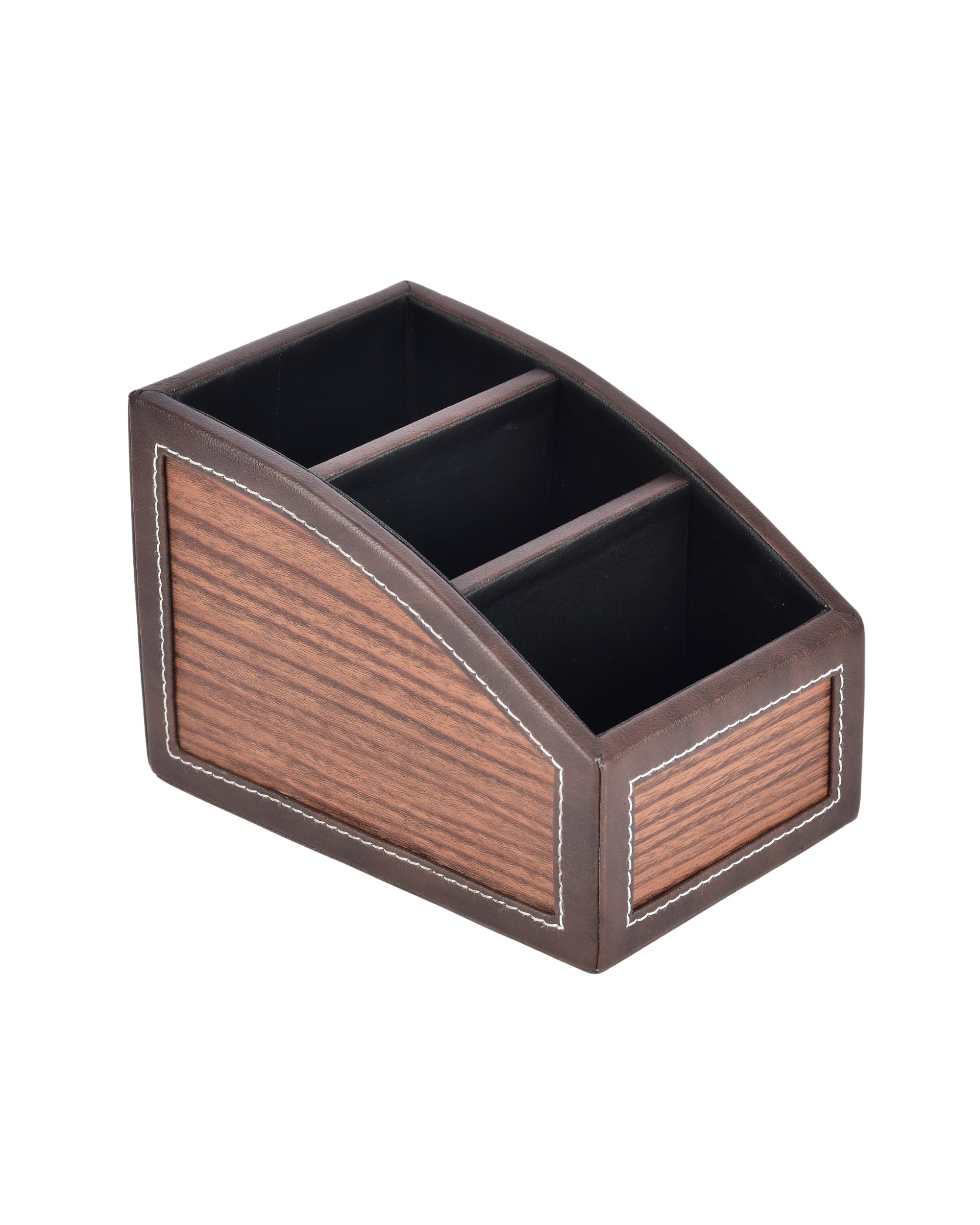 Premsons® Classic Remote Holder – 3 Section Tabletop Organizer in Light Brown | Faux Leather with Refined Wooden Finish | Decorative & Practical Organizer