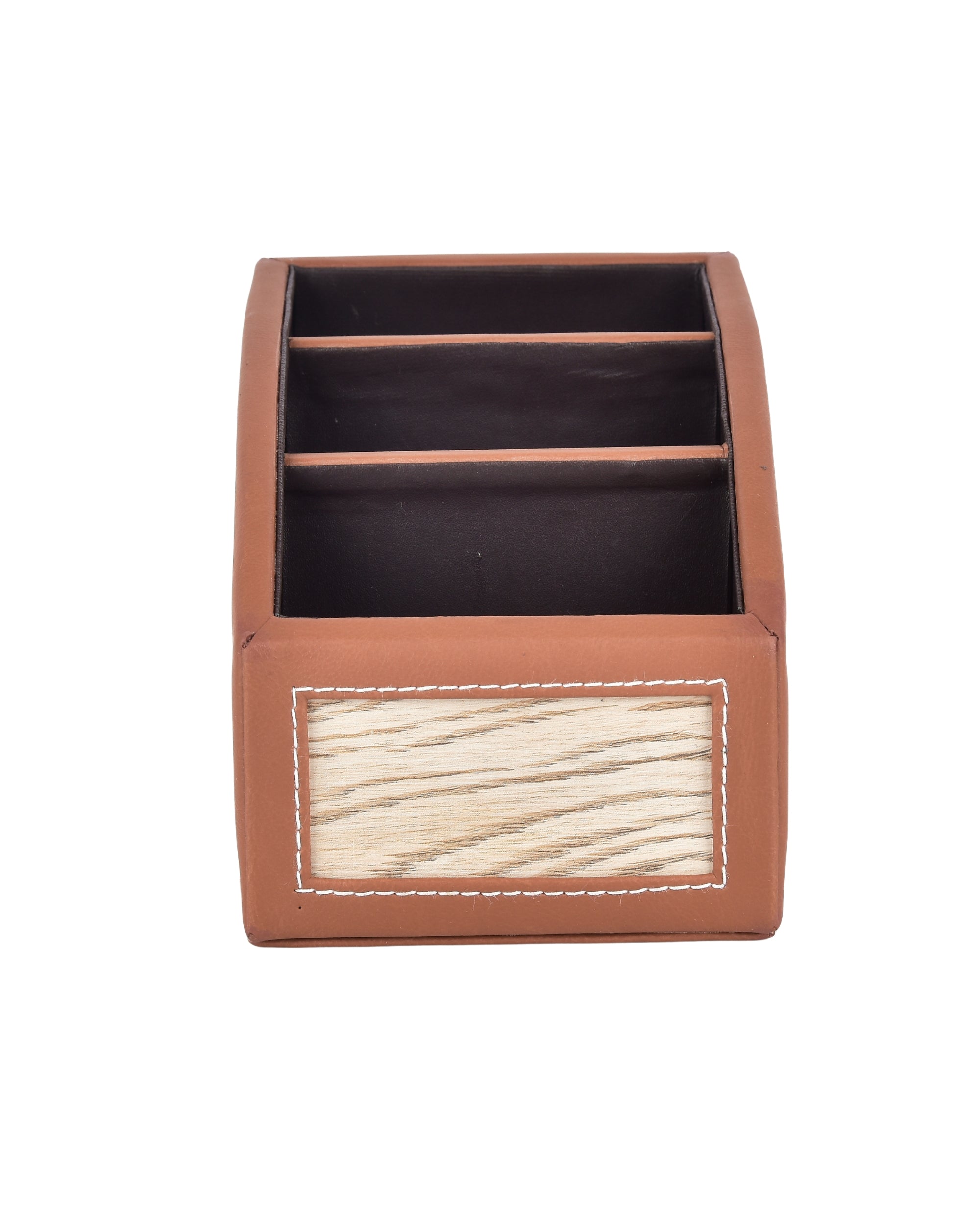 Premsons® Classic Remote Holder – 3 Section Tabletop Organizer in Light Brown | Faux Leather with Refined Wooden Finish | Decorative & Practical Organizer