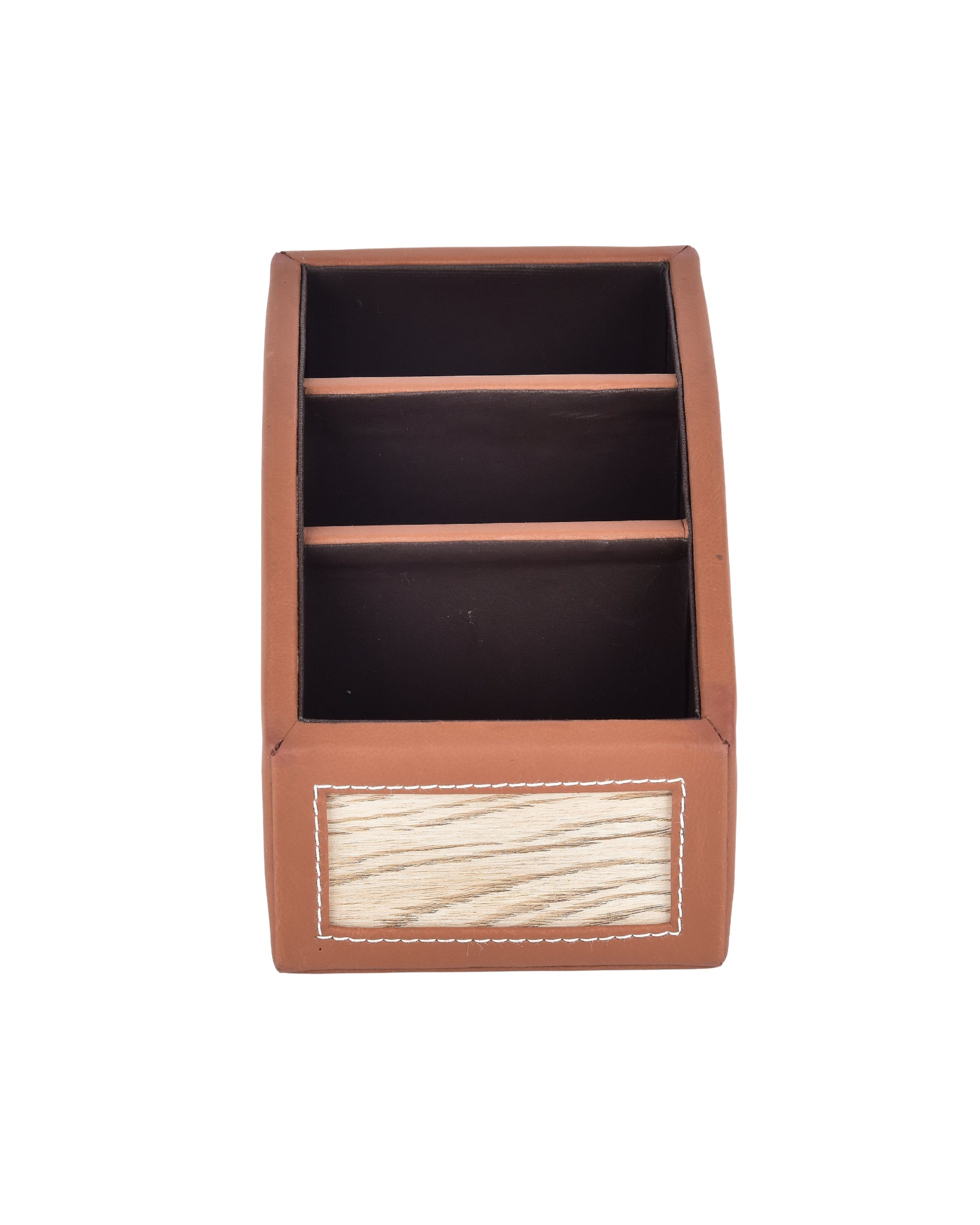 Premsons® Classic Remote Holder – 3 Section Tabletop Organizer in Light Brown | Faux Leather with Refined Wooden Finish | Decorative & Practical Organizer