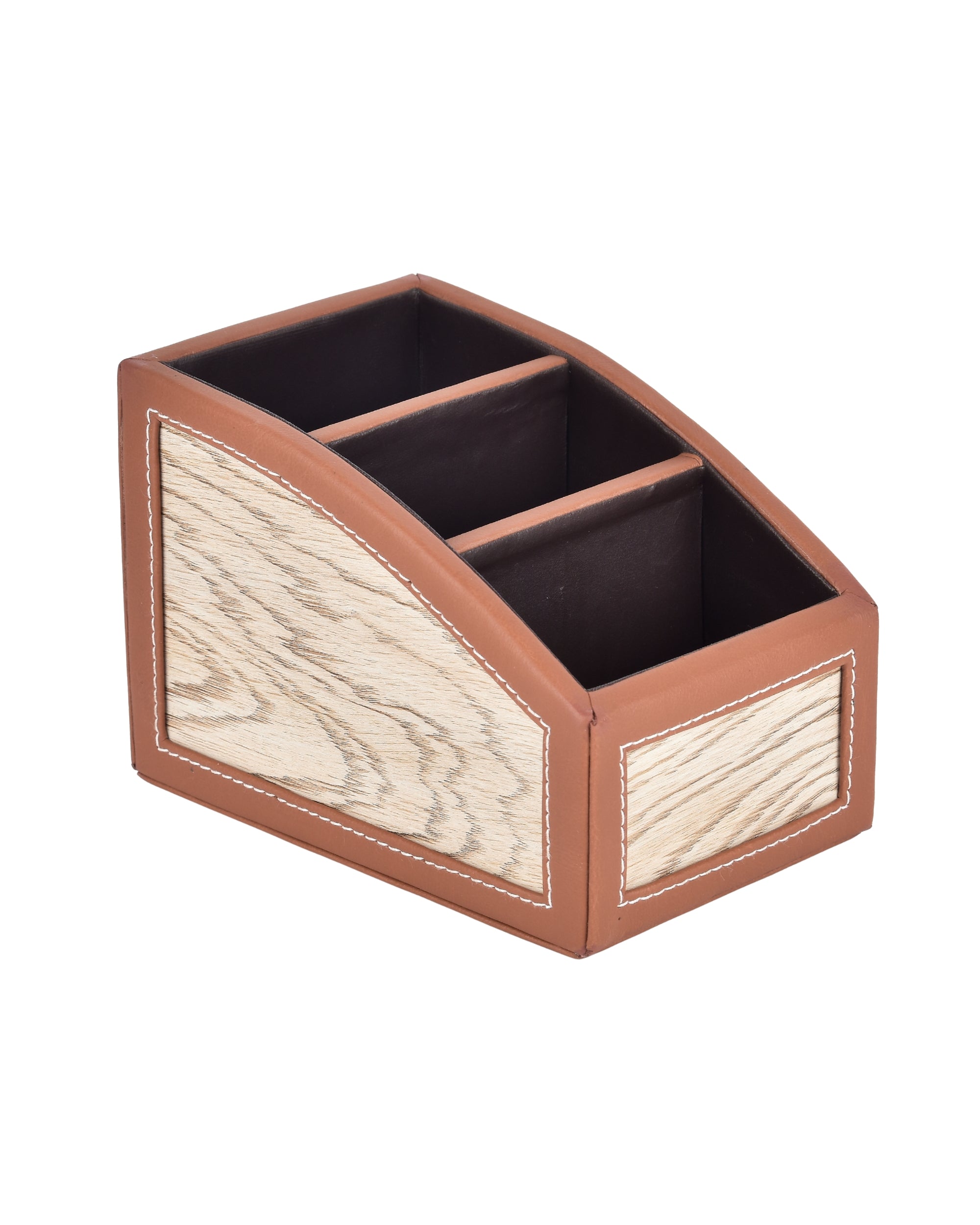 Premsons® Classic Remote Holder – 3 Section Tabletop Organizer in Light Brown | Faux Leather with Refined Wooden Finish | Decorative & Practical Organizer