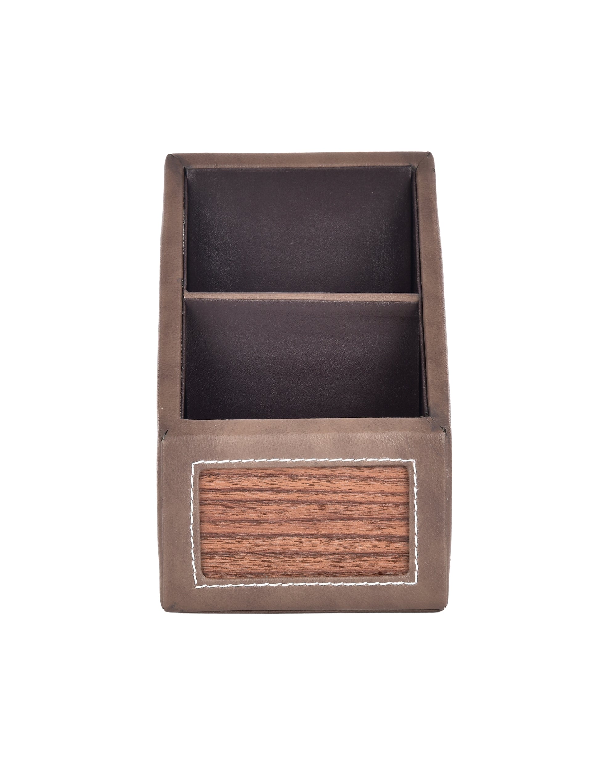 Premsons® Classic Remote Holder – 2 Section Tabletop Organizer in Light Brown | Faux Leather with Refined Wooden Finish | Decorative & Practical Organizer