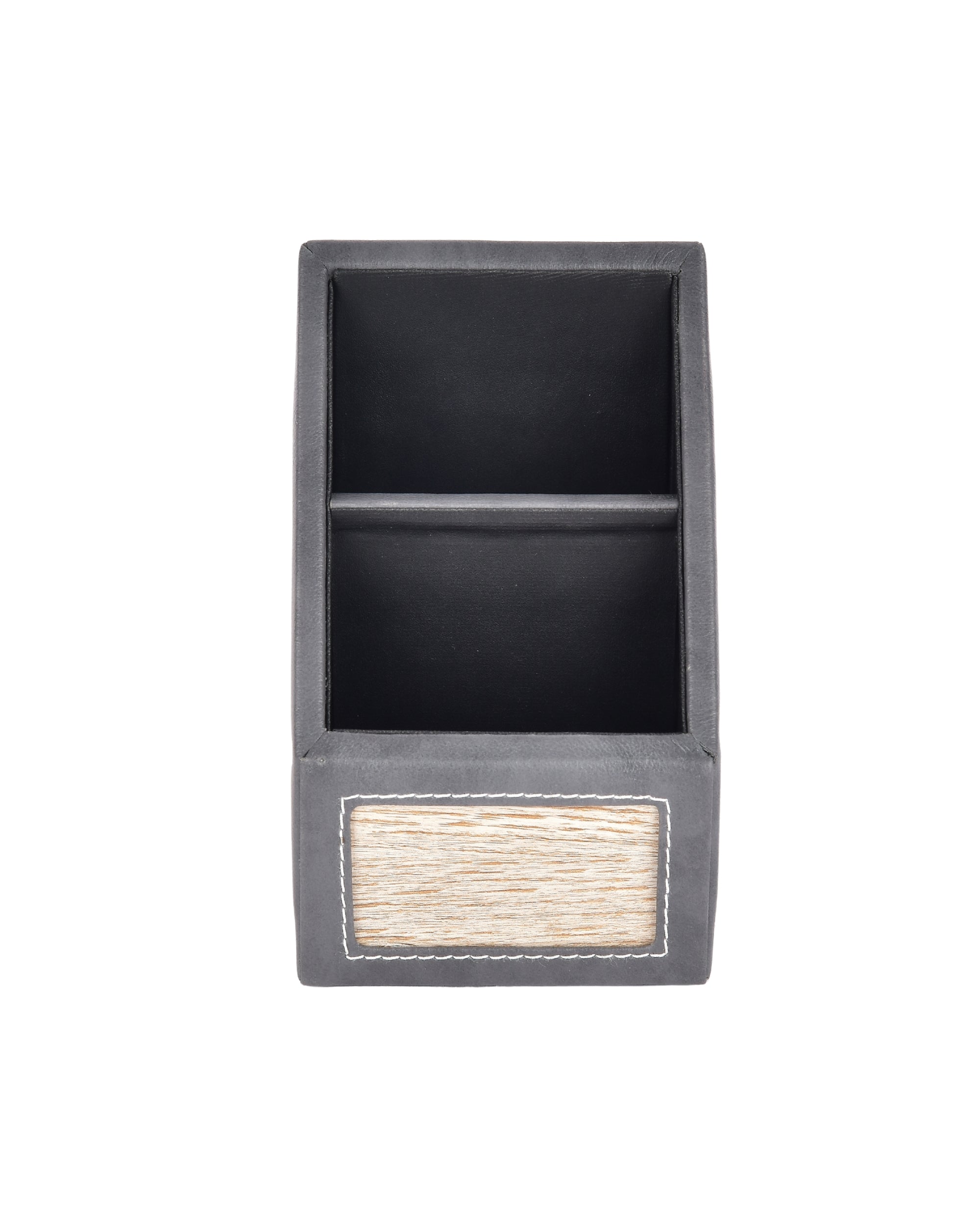 Premsons® Remote Holder Artificial Leather with Wooden Finish – 2 Section Tabletop Organizer for TV, AC & Office Desk Accessories – Compact & Stylish Storage Solution for Home & Office