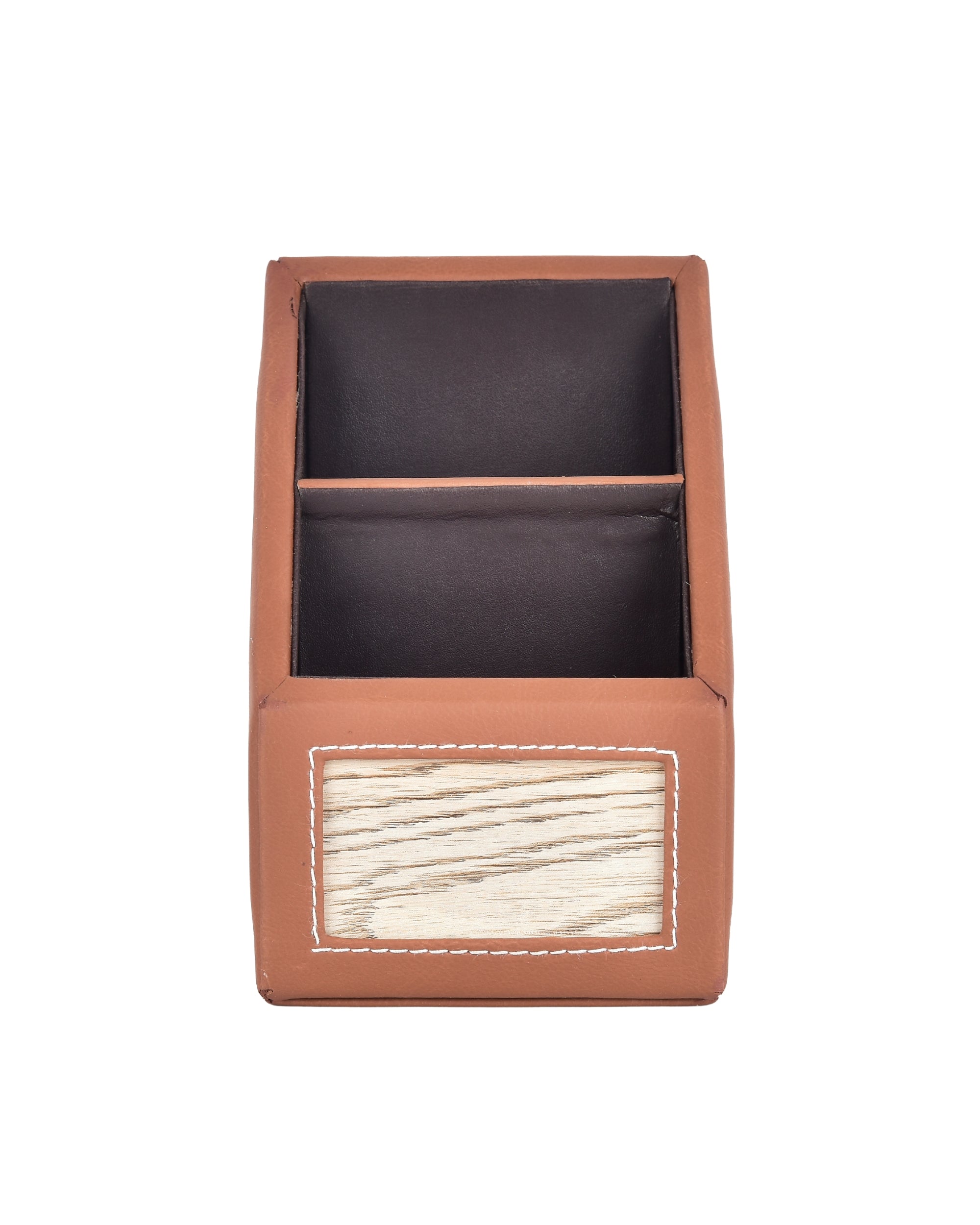 Premsons® Remote Holder Artificial Leather with Wooden Finish – 2 Section Tabletop Organizer for TV, AC & Office Desk Accessories – Compact & Stylish Storage Solution for Home & Office