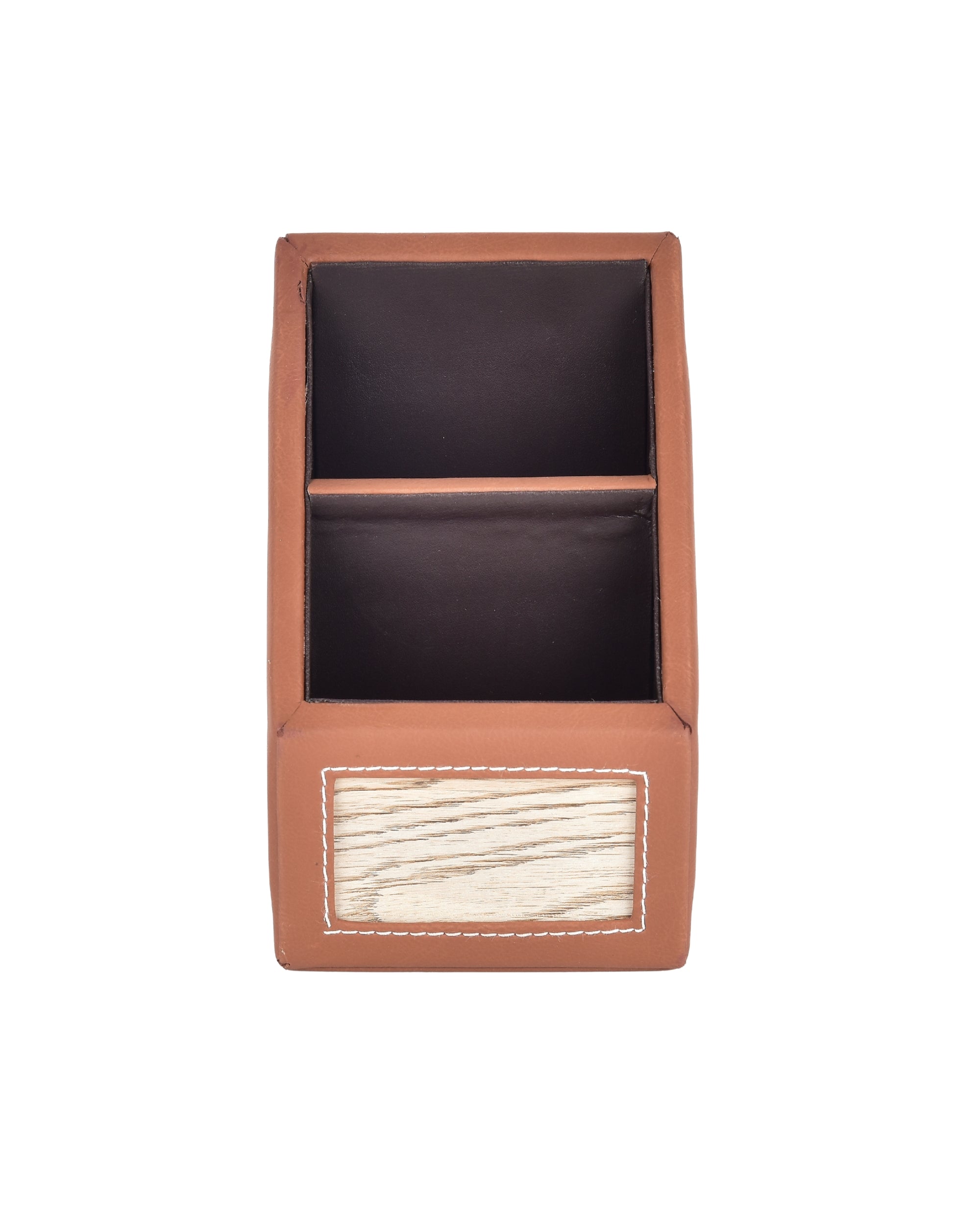 Premsons® Remote Holder Artificial Leather with Wooden Finish – 2 Section Tabletop Organizer for TV, AC & Office Desk Accessories – Compact & Stylish Storage Solution for Home & Office