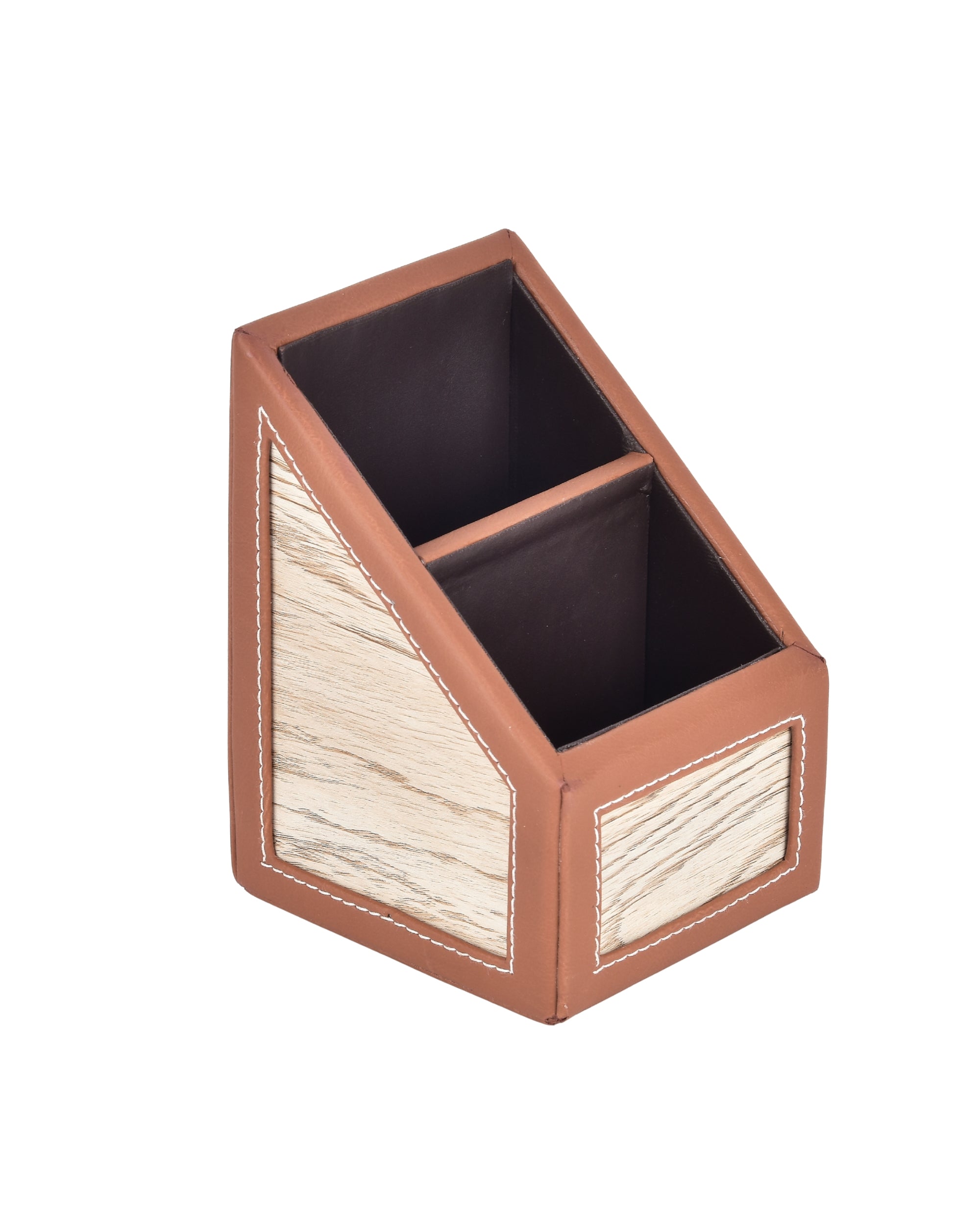Premsons® Remote Holder Artificial Leather with Wooden Finish – 2 Section Tabletop Organizer for TV, AC & Office Desk Accessories – Compact & Stylish Storage Solution for Home & Office