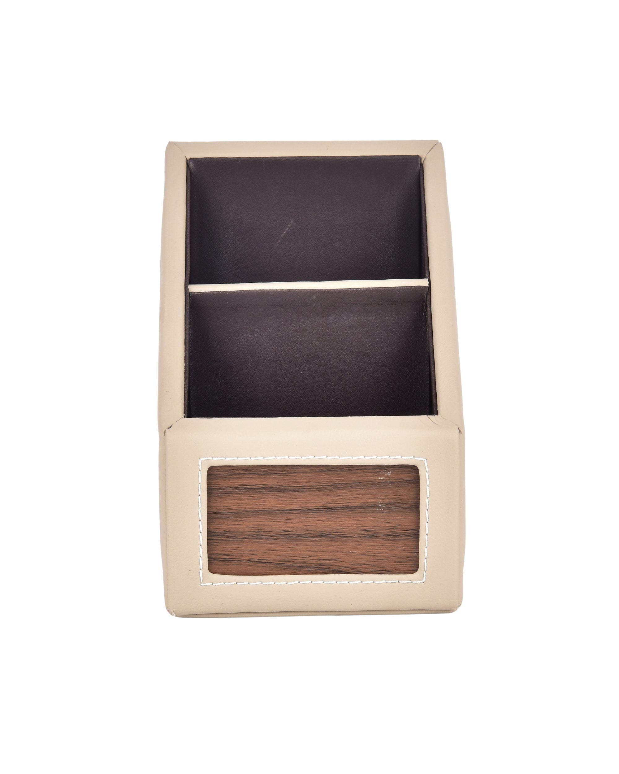 Premsons® Classic Remote Holder – 2 Section Tabletop Organizer in Light Brown | Faux Leather with Refined Wooden Finish | Decorative & Practical Organizer