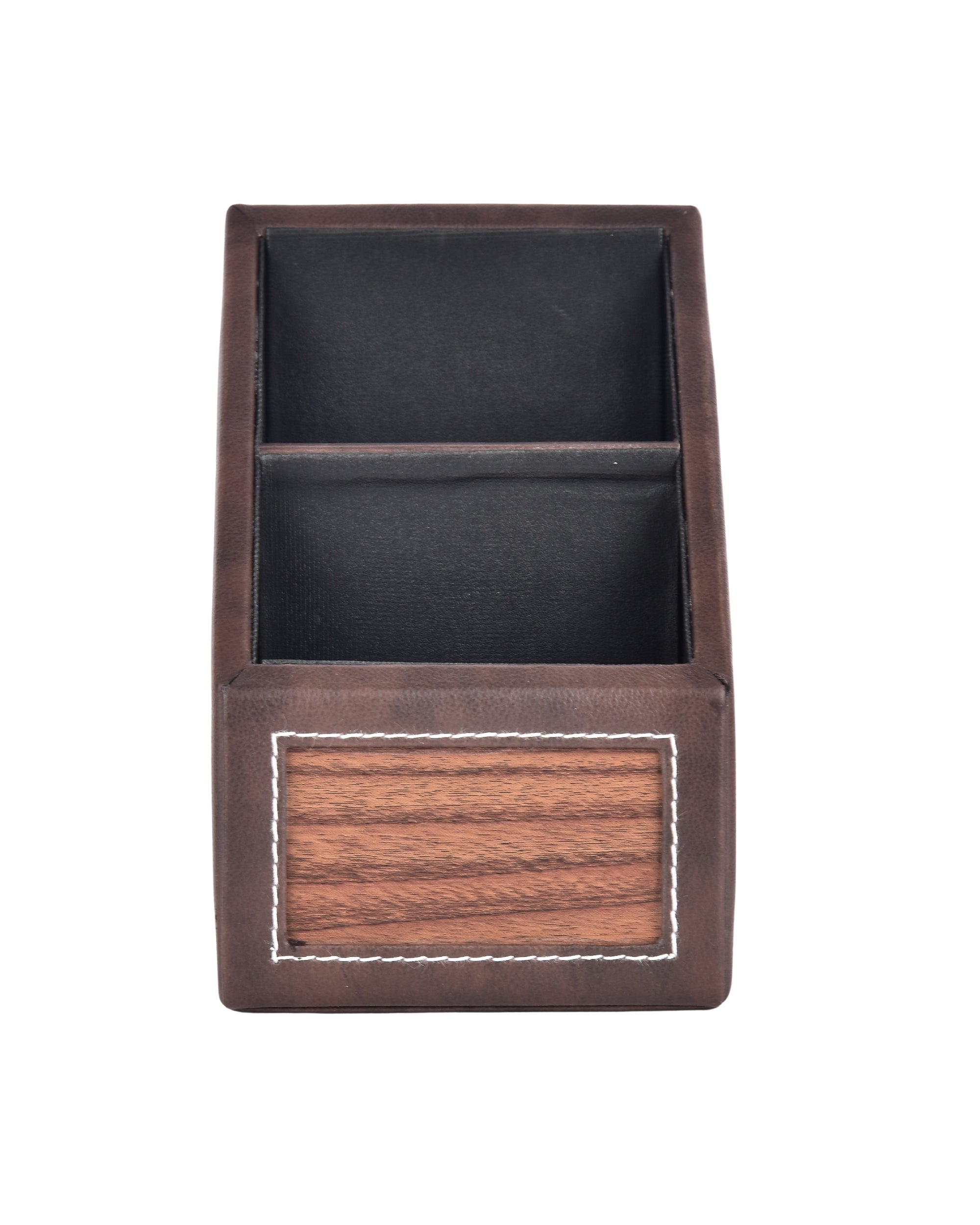 Premsons® Classic Remote Holder – 2 Section Tabletop Organizer in Light Brown | Faux Leather with Refined Wooden Finish | Decorative & Practical Organizer