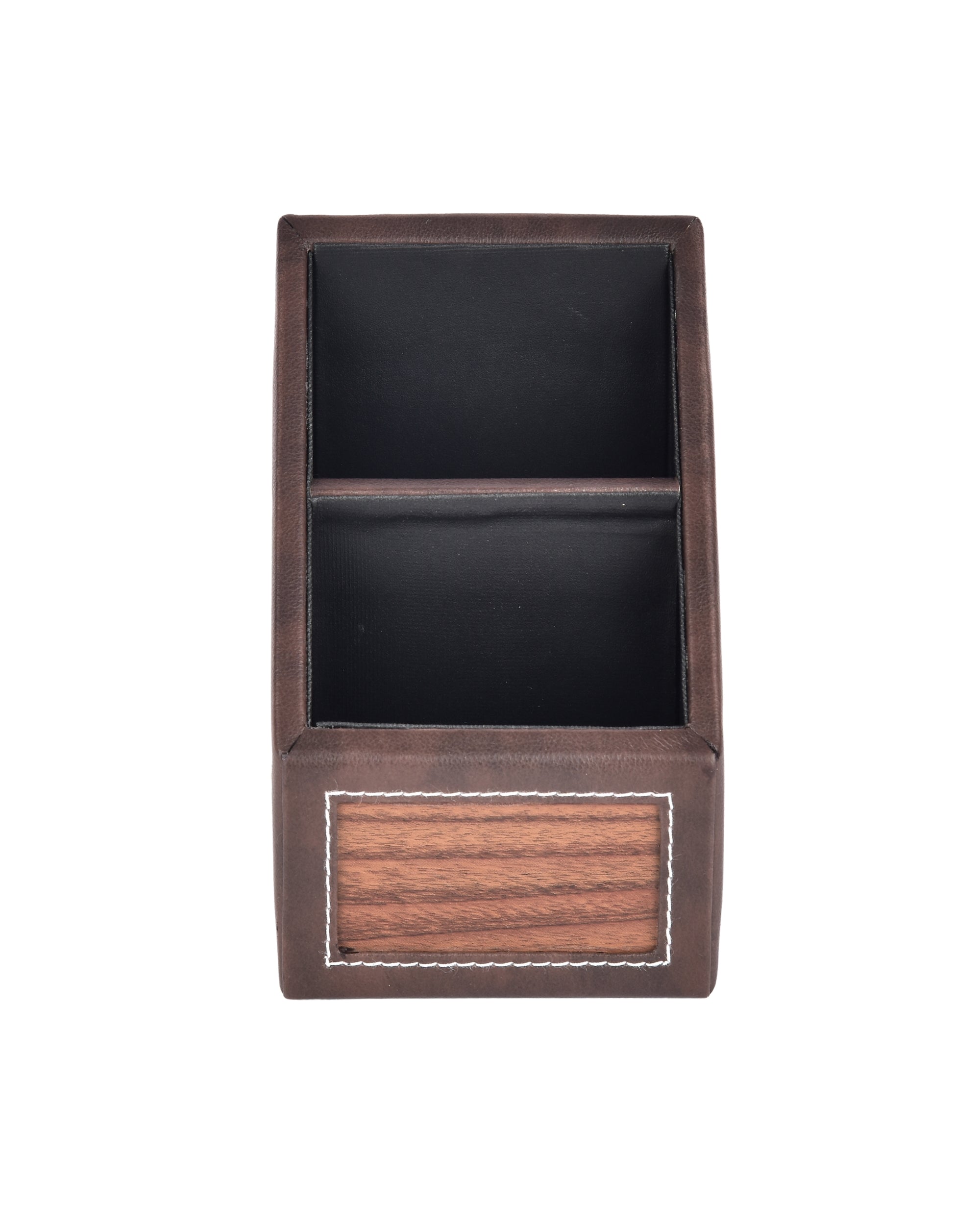 Premsons® Classic Remote Holder – 2 Section Tabletop Organizer in Light Brown | Faux Leather with Refined Wooden Finish | Decorative & Practical Organizer